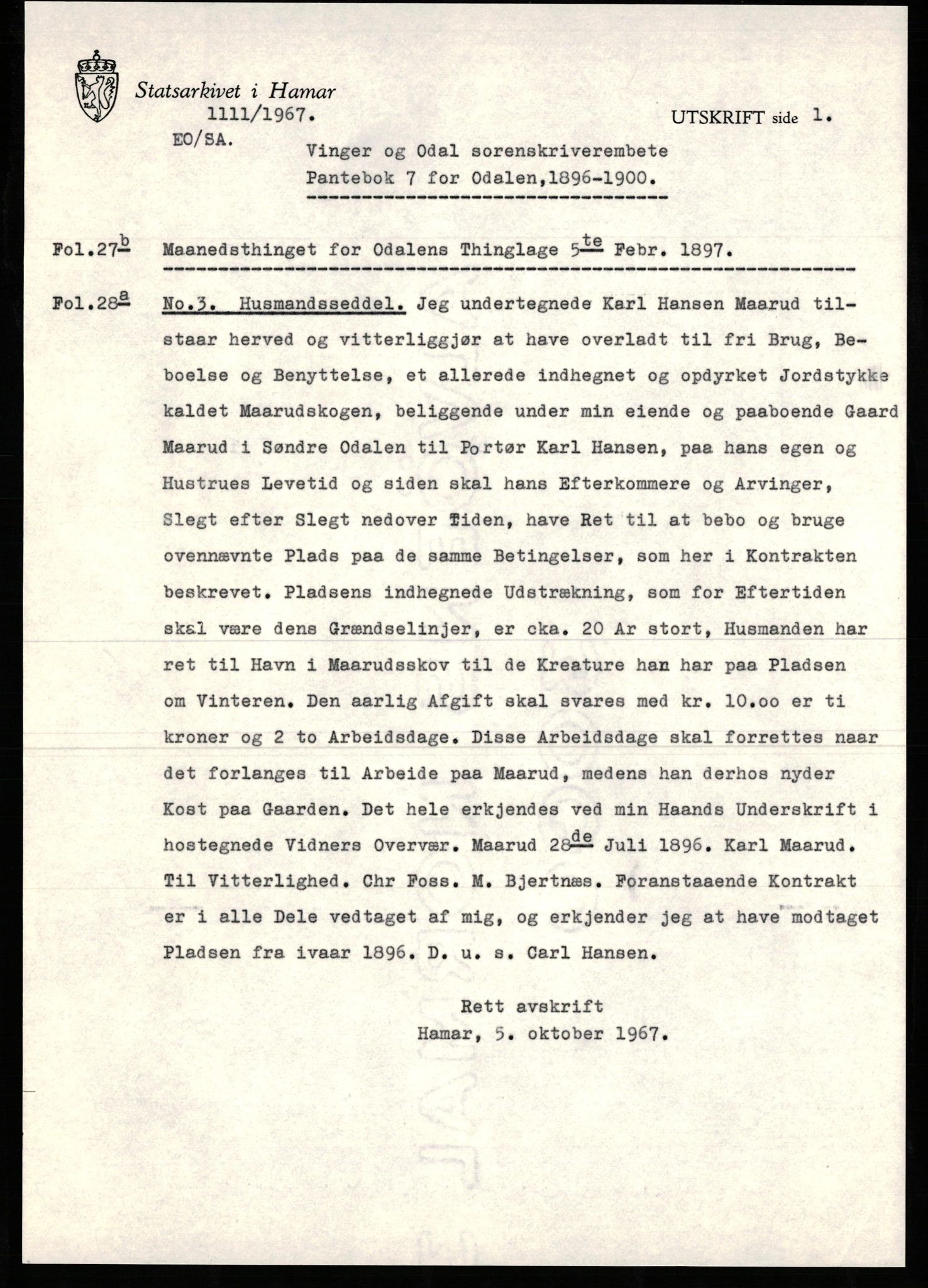 Avskriftssamlingen ved Statsarkivet i Hamar, SAH/AVSKRIFT-001/H/Hu/Hua/Huab/L0007: Pantebok for Odal, 1896-1900