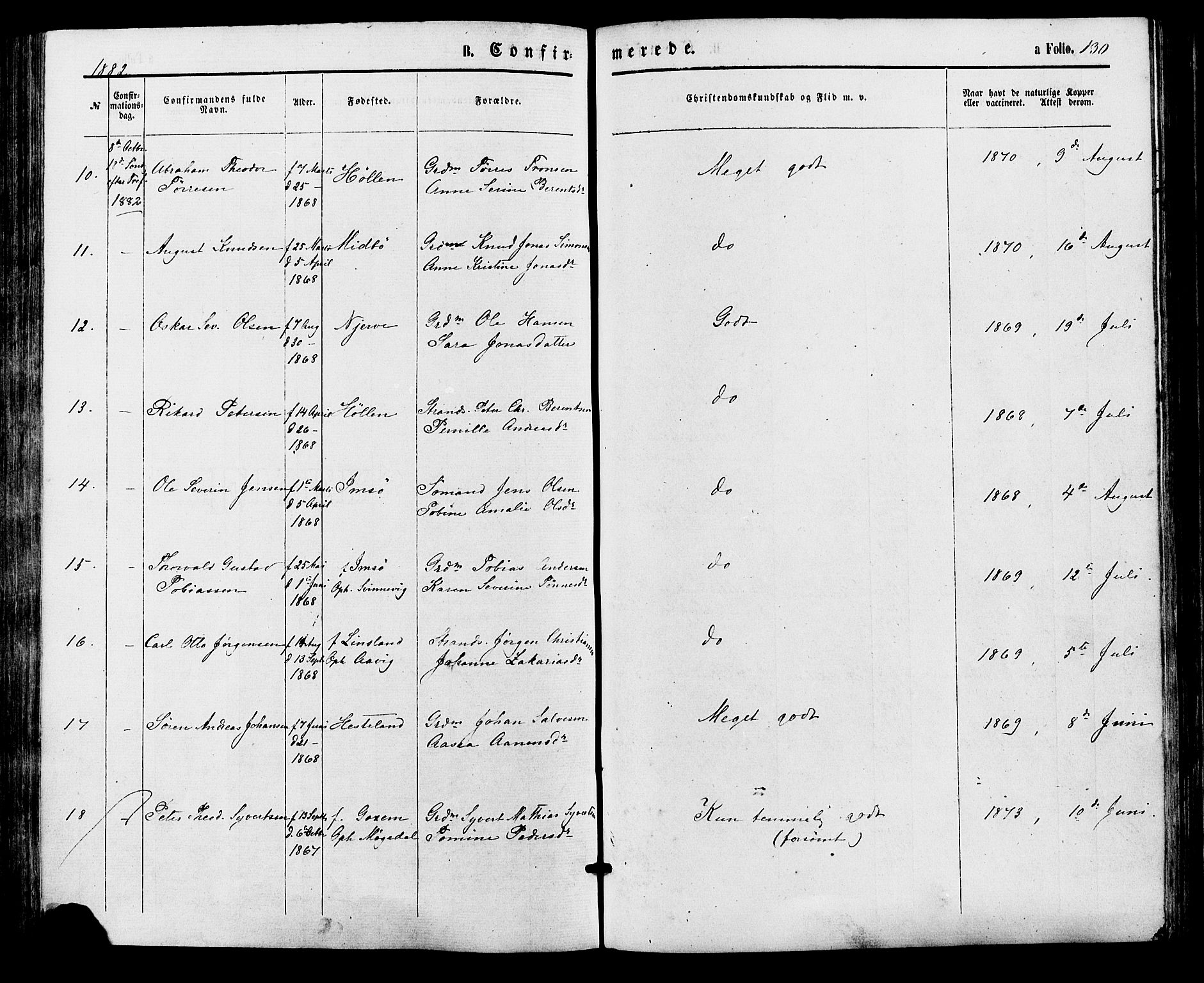 Sør-Audnedal sokneprestkontor, AV/SAK-1111-0039/F/Fa/Faa/L0003: Ministerialbok nr. A 3, 1868-1883, s. 130
