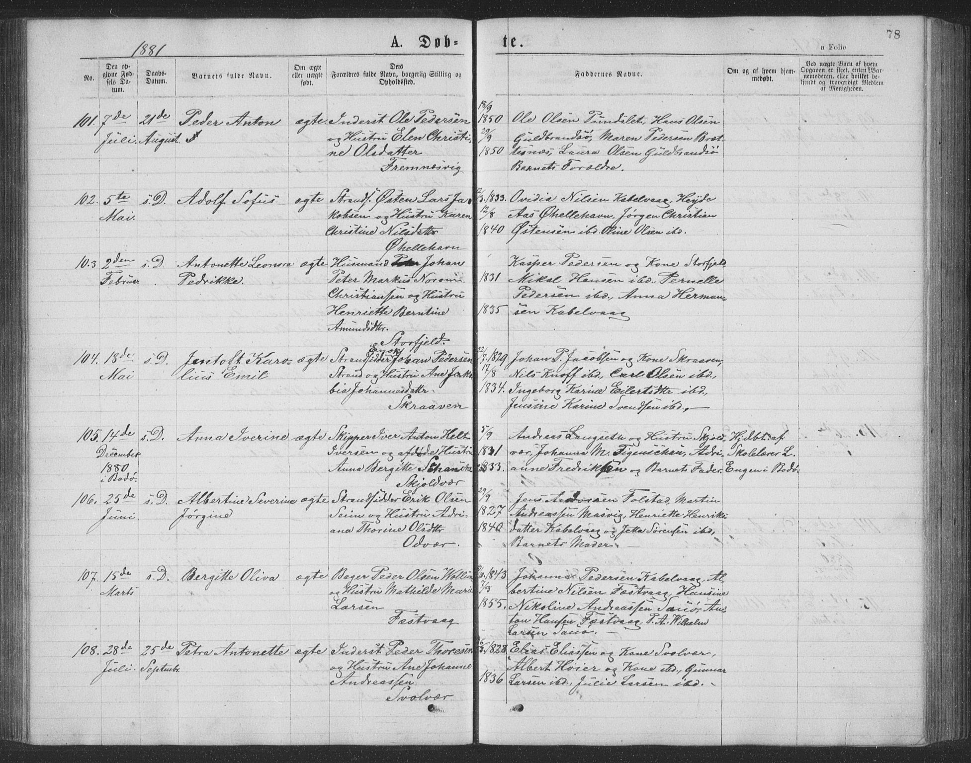 Ministerialprotokoller, klokkerbøker og fødselsregistre - Nordland, AV/SAT-A-1459/874/L1075: Klokkerbok nr. 874C04, 1876-1883, s. 78