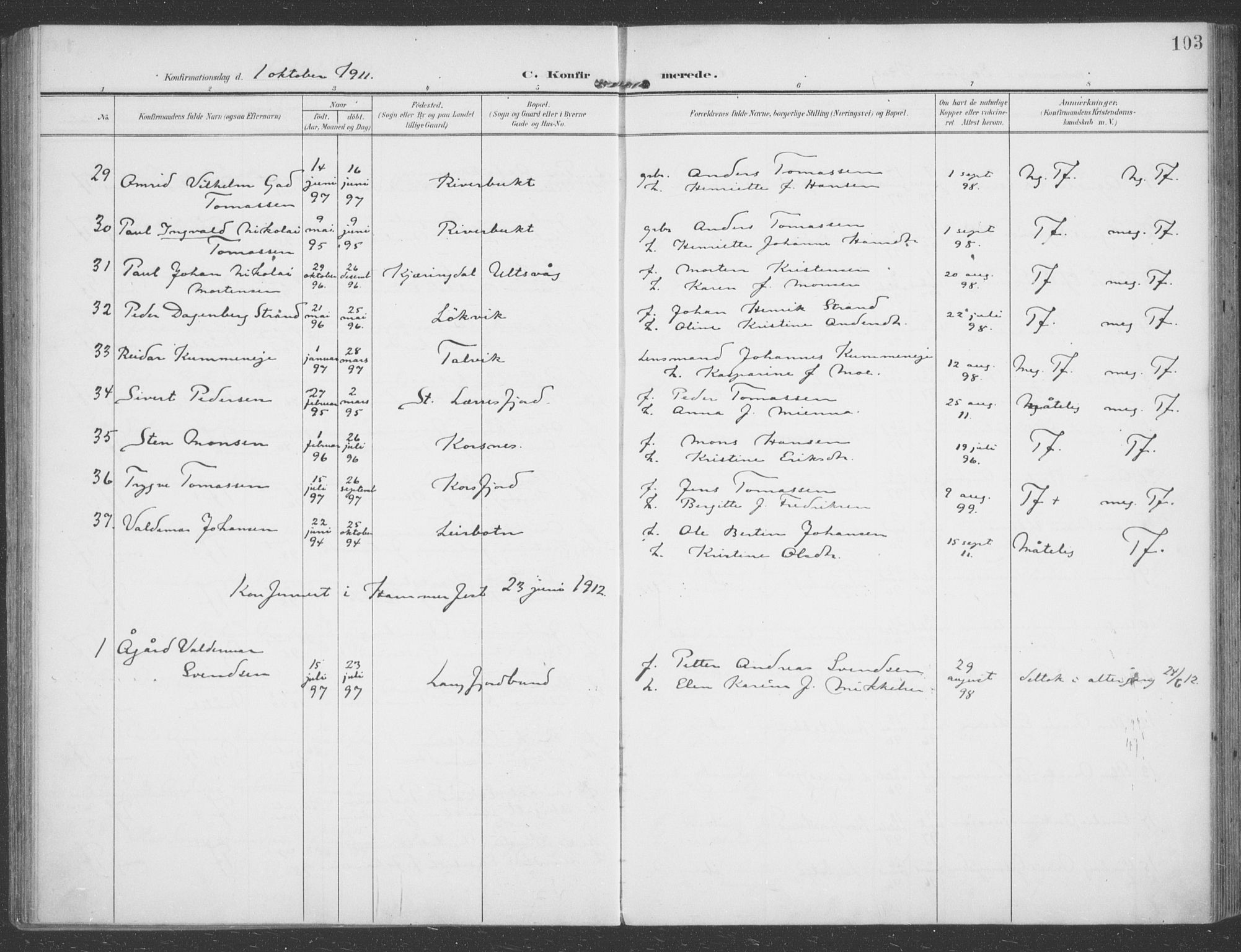 Talvik sokneprestkontor, AV/SATØ-S-1337/H/Ha/L0017kirke: Ministerialbok nr. 17, 1906-1915, s. 103
