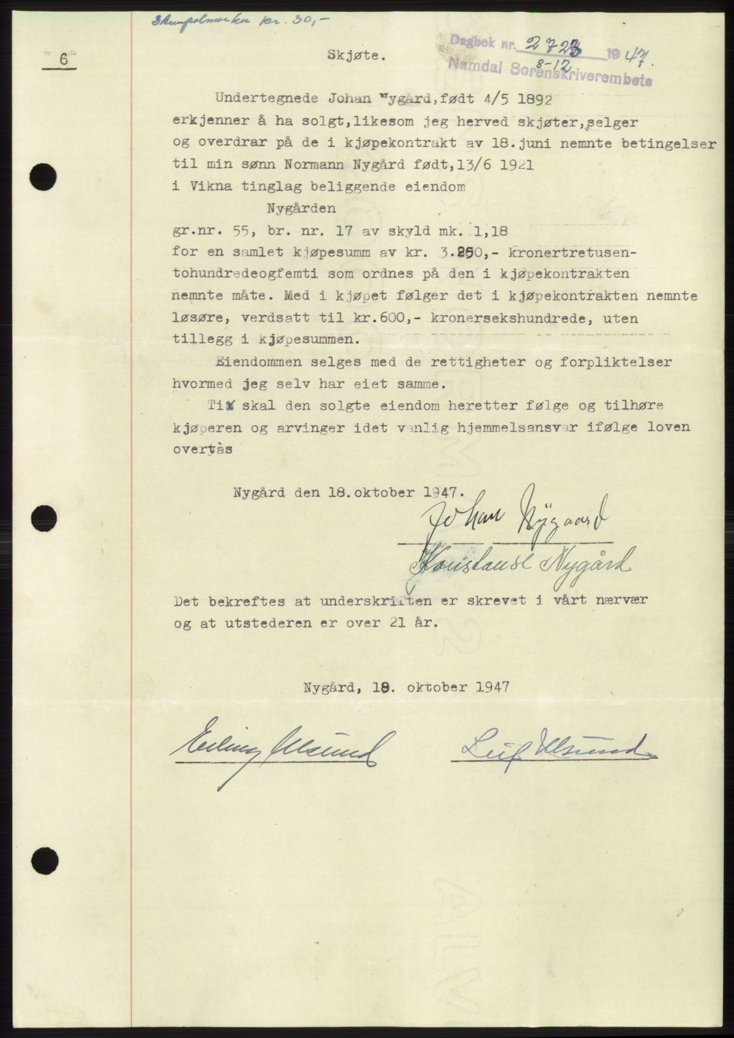 Namdal sorenskriveri, SAT/A-4133/1/2/2C: Pantebok nr. -, 1947-1948, Dagboknr: 2723/1947