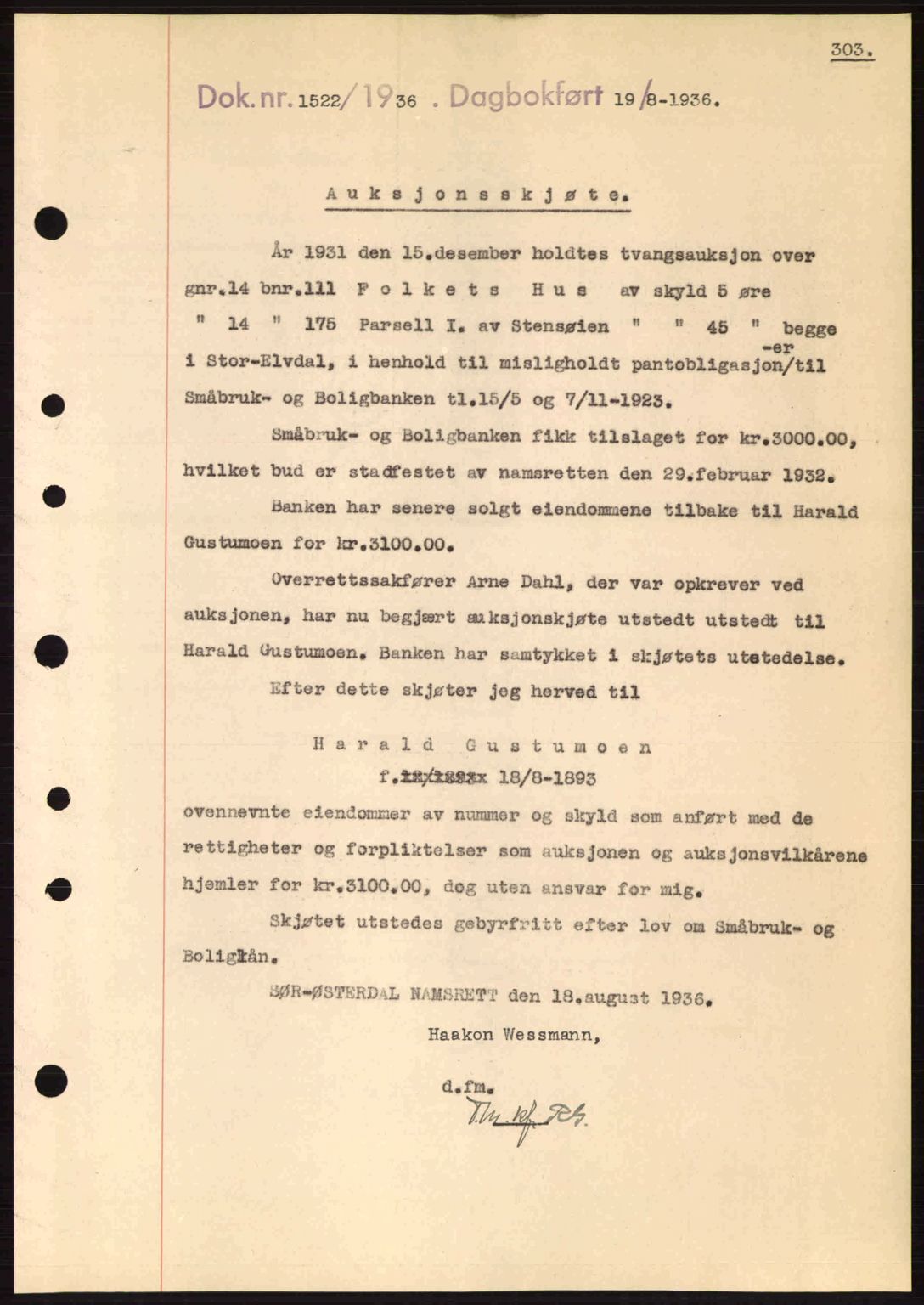 Sør-Østerdal sorenskriveri, SAH/TING-018/H/Hb/Hbb/L0054: Pantebok nr. A54, 1936-1936, Dagboknr: 1522/1936