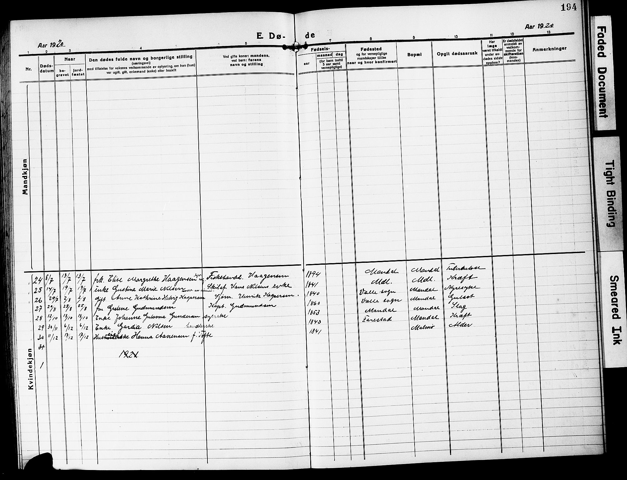 Mandal sokneprestkontor, AV/SAK-1111-0030/F/Fb/Fbc/L0001: Klokkerbok nr. B 1, 1918-1931, s. 194