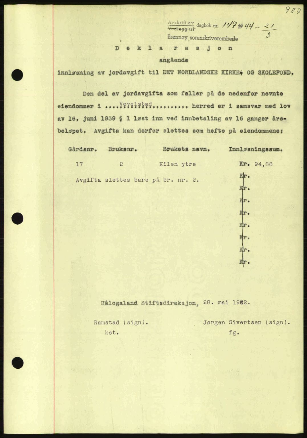Brønnøy sorenskriveri, SAT/A-4170/1/2/2C: Pantebok nr. 23, 1943-1944, Dagboknr: 147/1944