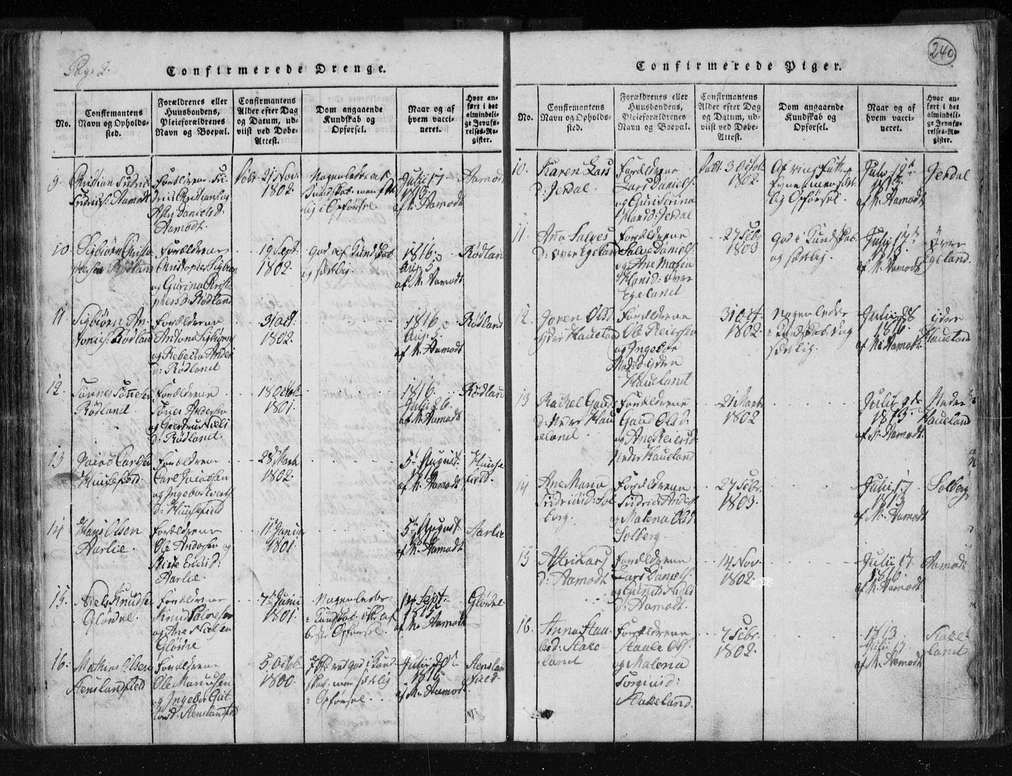Kvinesdal sokneprestkontor, SAK/1111-0026/F/Fa/Fab/L0003: Ministerialbok nr. A 3, 1815-1829, s. 240