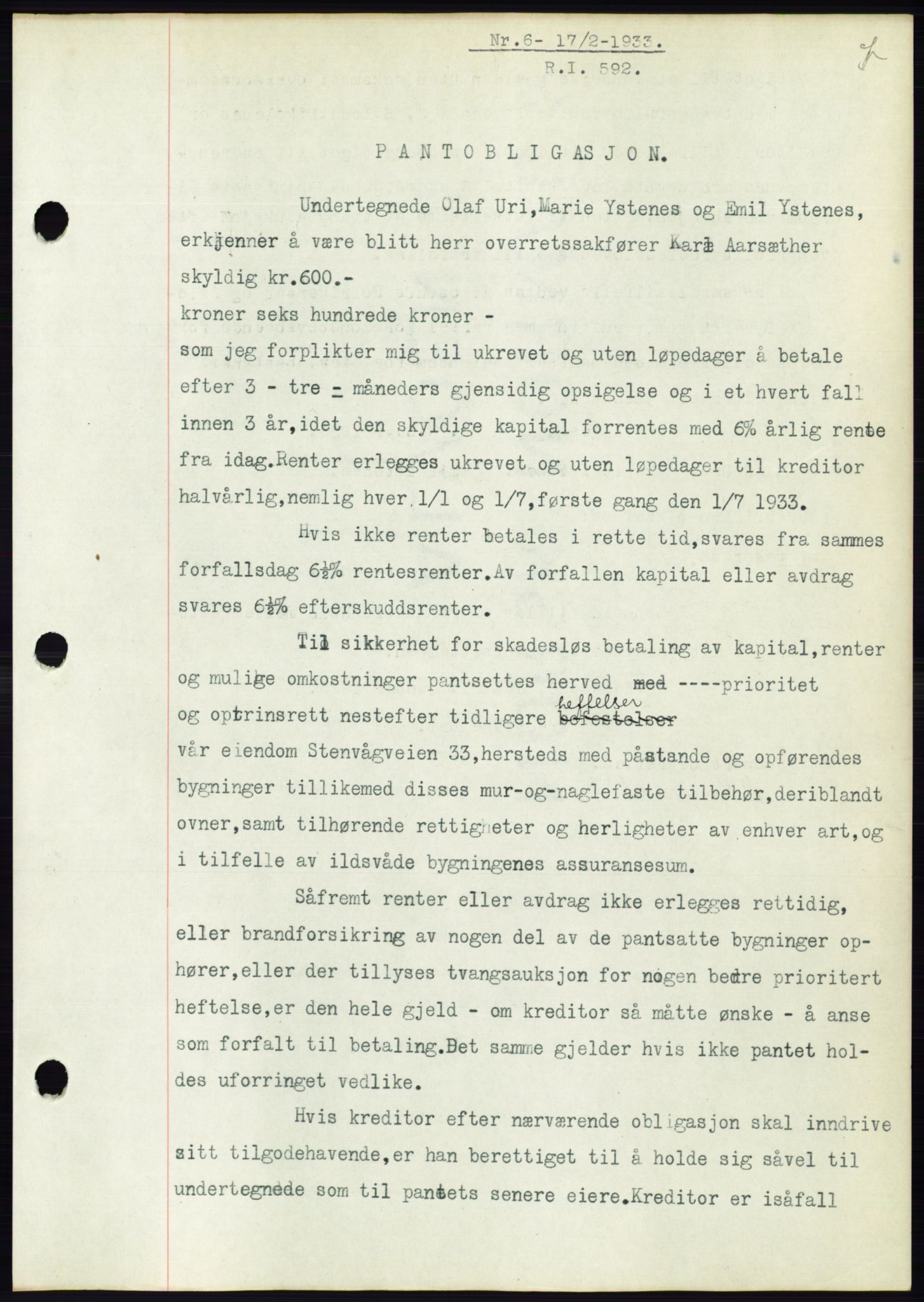 Ålesund byfogd, AV/SAT-A-4384: Pantebok nr. 30, 1932-1933, Tingl.dato: 17.02.1933