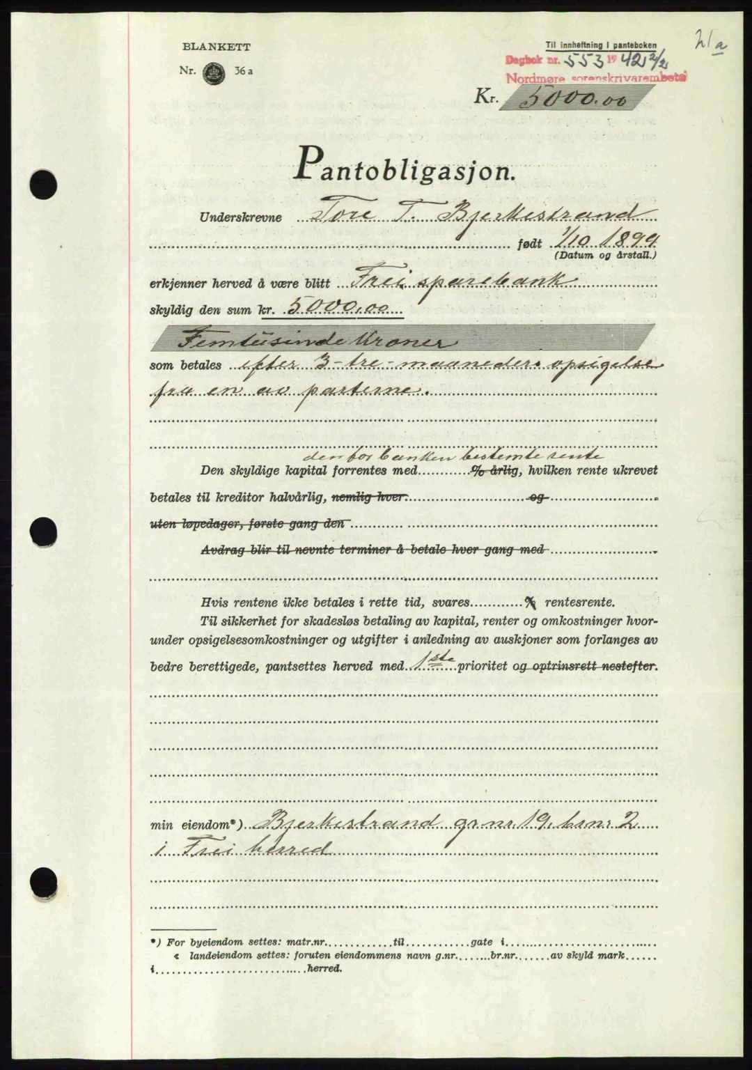 Nordmøre sorenskriveri, AV/SAT-A-4132/1/2/2Ca: Pantebok nr. B89, 1942-1942, Dagboknr: 553/1942