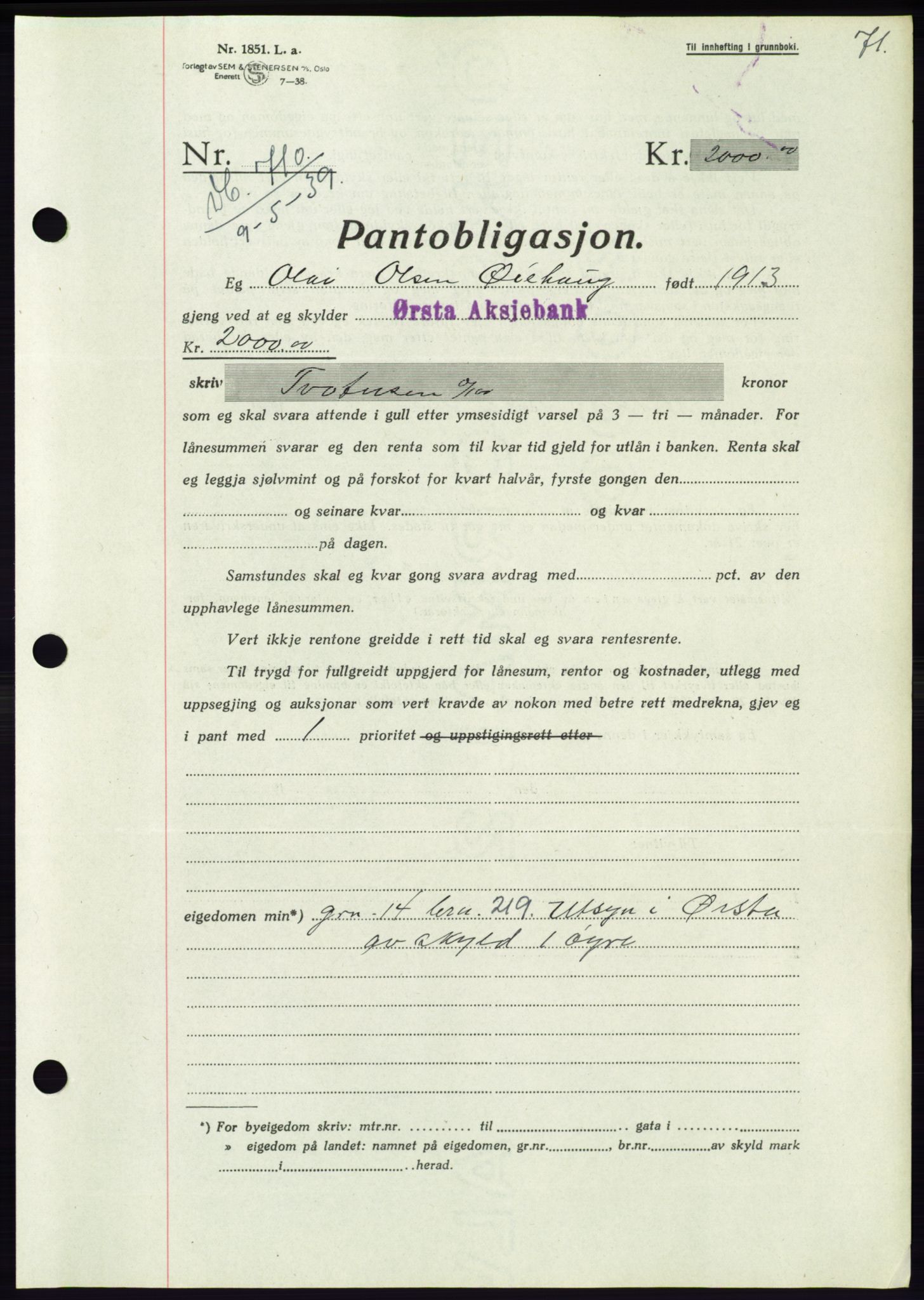 Søre Sunnmøre sorenskriveri, AV/SAT-A-4122/1/2/2C/L0068: Pantebok nr. 62, 1939-1939, Dagboknr: 710/1939