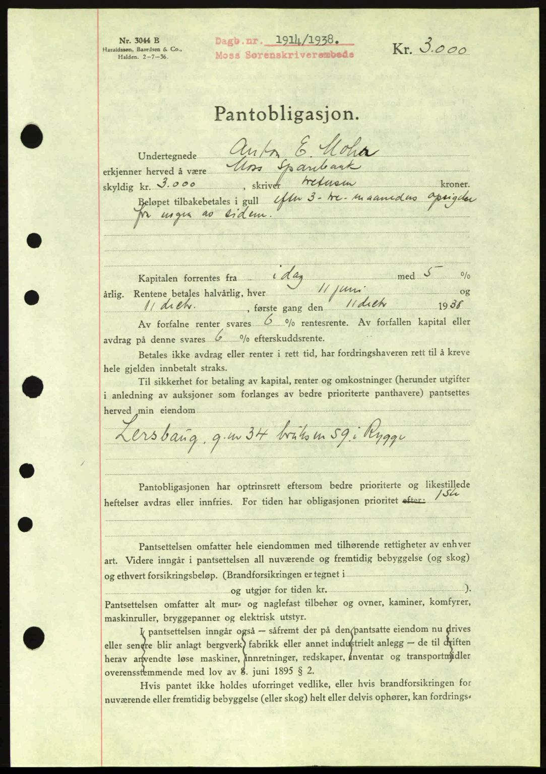 Moss sorenskriveri, SAO/A-10168: Pantebok nr. B6, 1938-1938, Dagboknr: 1914/1938