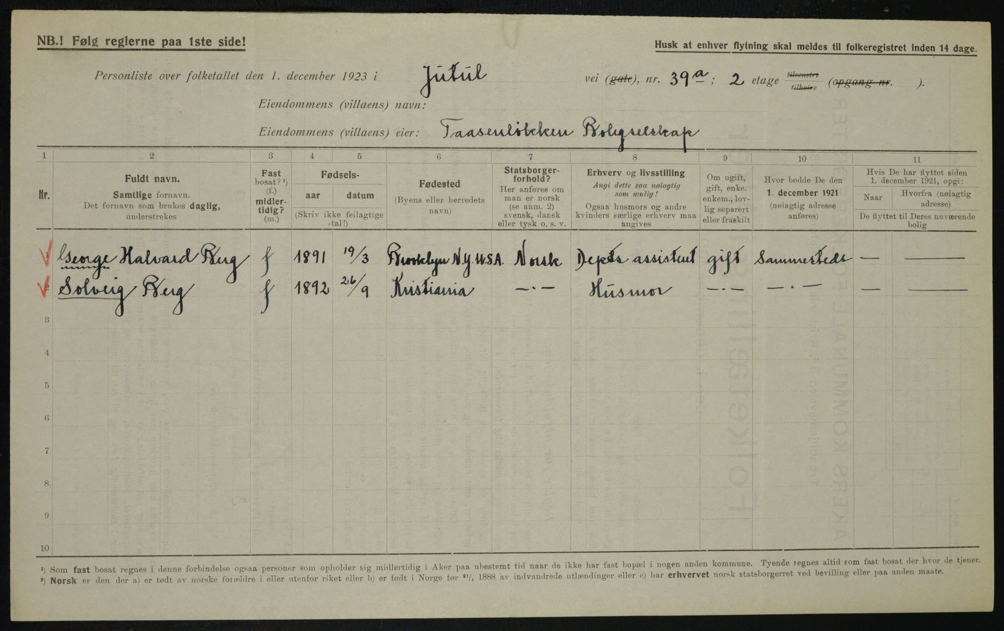 , Kommunal folketelling 1.12.1923 for Aker, 1923, s. 21243