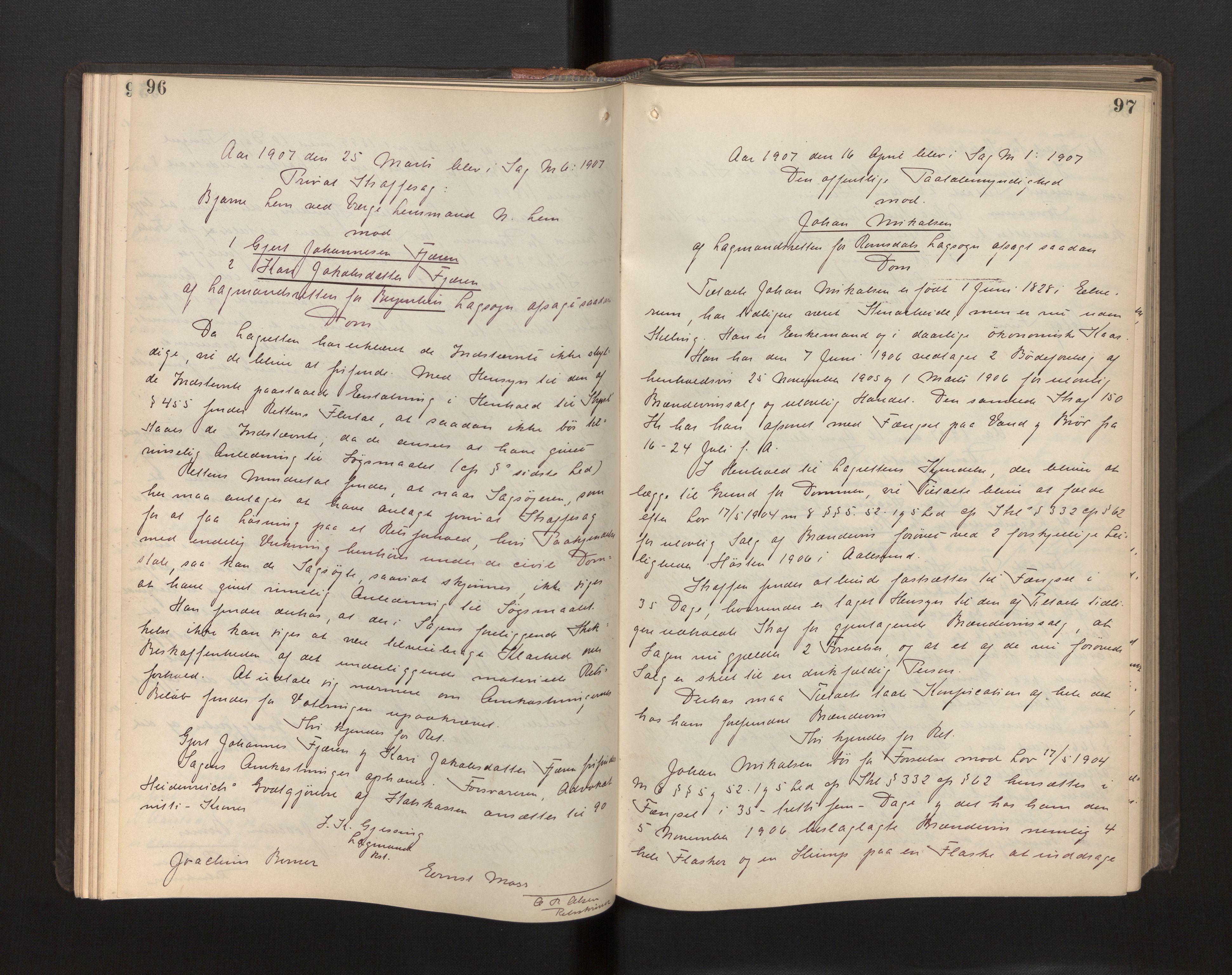 Gulating lagmannsrett, AV/SAB-A-60201/D/Da/L0002: Domsprotokoll for straffesaker - Gula- og Frostating lagdømme., 1906-1910, s. 96-97