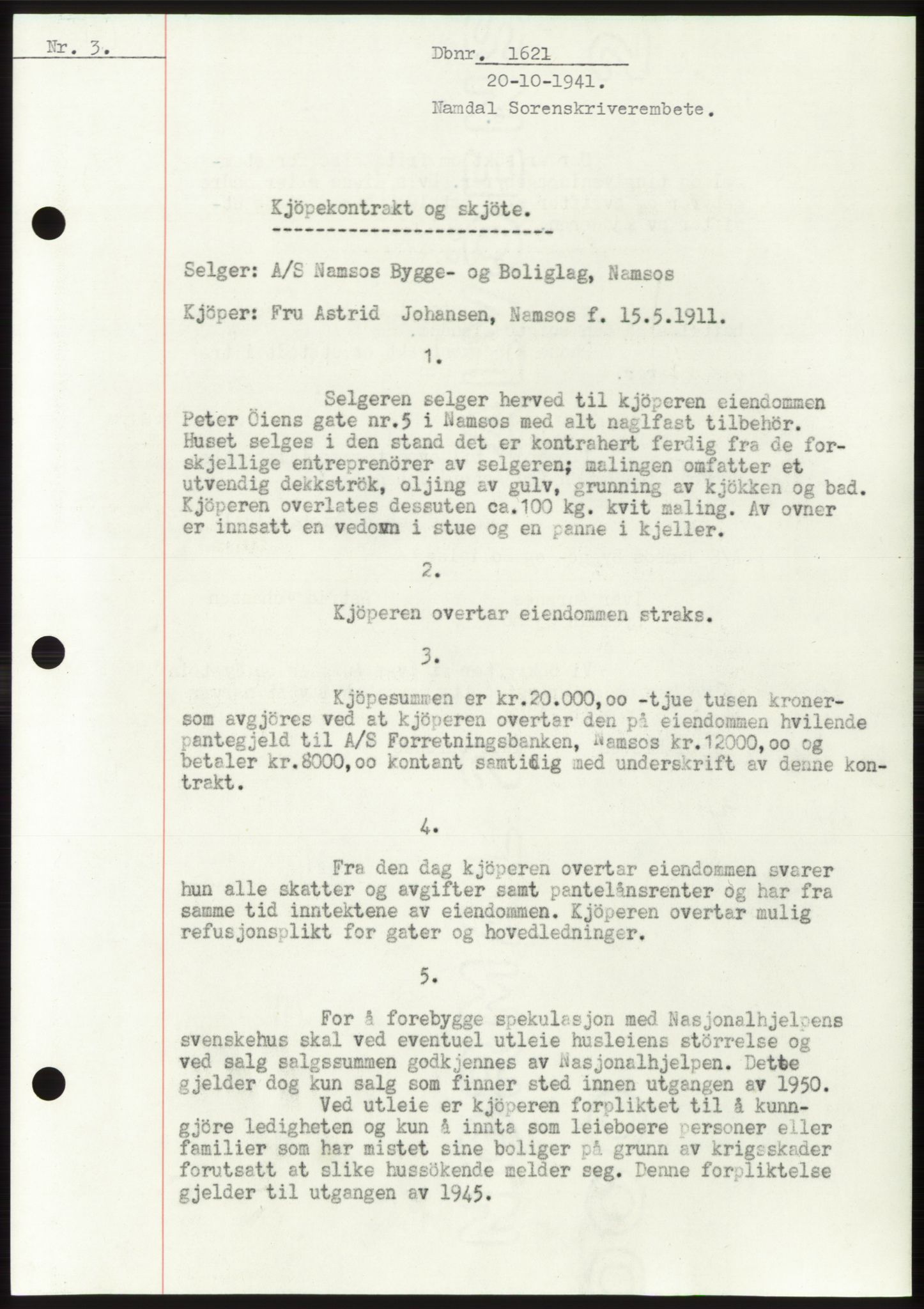 Namdal sorenskriveri, SAT/A-4133/1/2/2C: Pantebok nr. -, 1941-1942, Dagboknr: 1621/1941