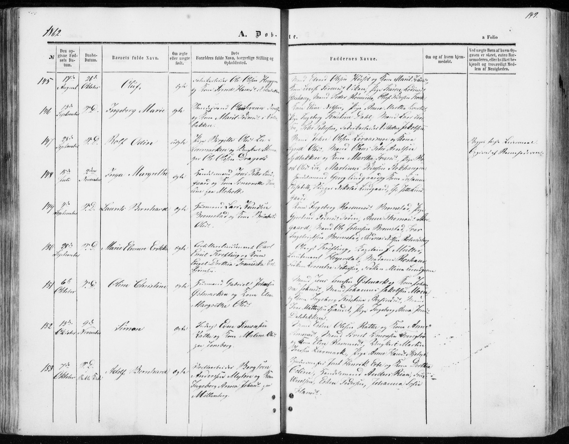 Ministerialprotokoller, klokkerbøker og fødselsregistre - Sør-Trøndelag, SAT/A-1456/606/L0292: Ministerialbok nr. 606A07, 1856-1865, s. 149