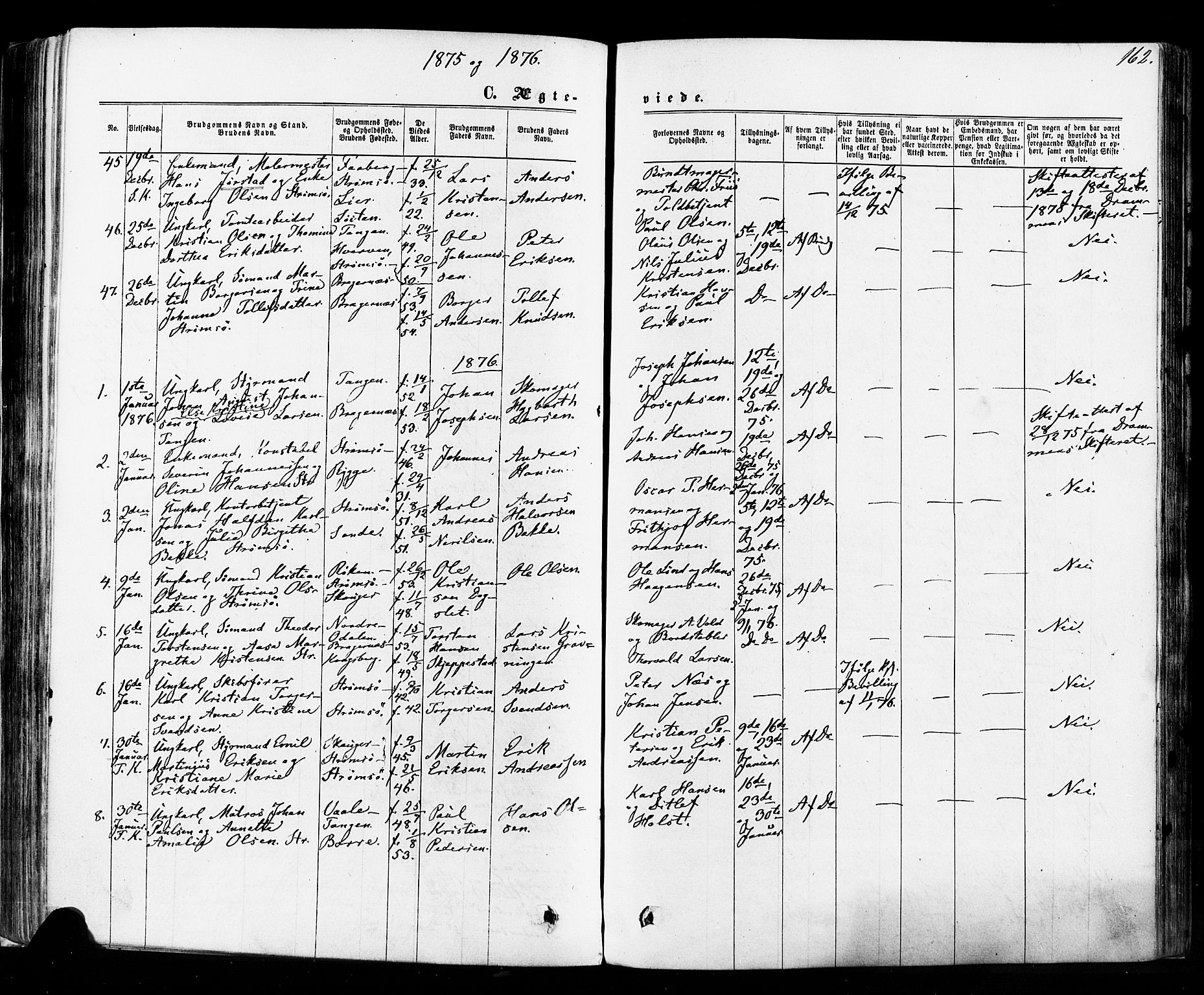 Strømsø kirkebøker, AV/SAKO-A-246/F/Fa/L0018: Ministerialbok nr. I 18, 1865-1878, s. 162