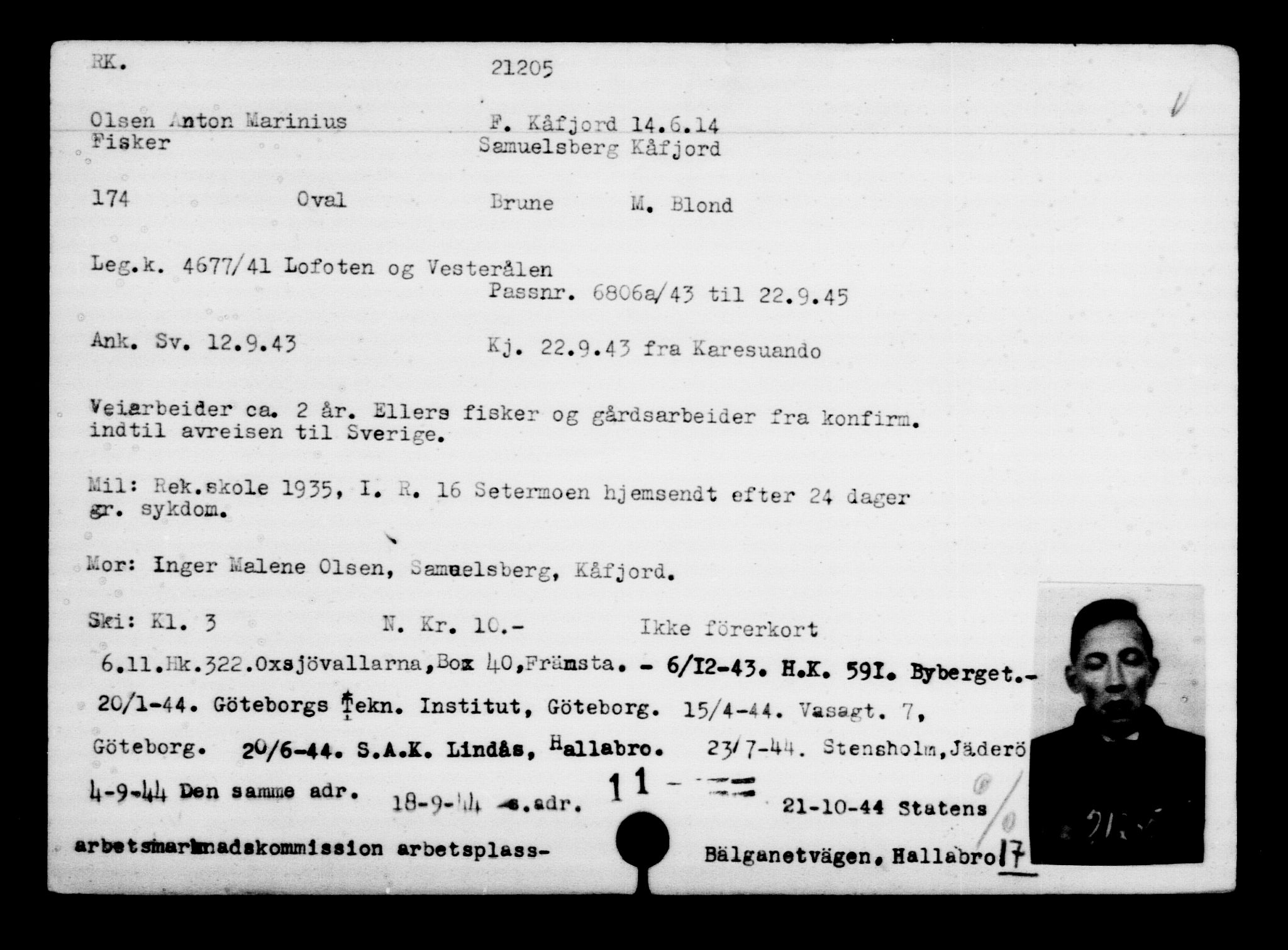 Utenriksstasjonene, Legasjonen i Stockholm, Flyktningkontoret, AV/RA-S-6753/V/Va/L0009: Kjesäterkartoteket, flyktninger med registreringsnr. 18502-22048, 1940-1945, s. 2208
