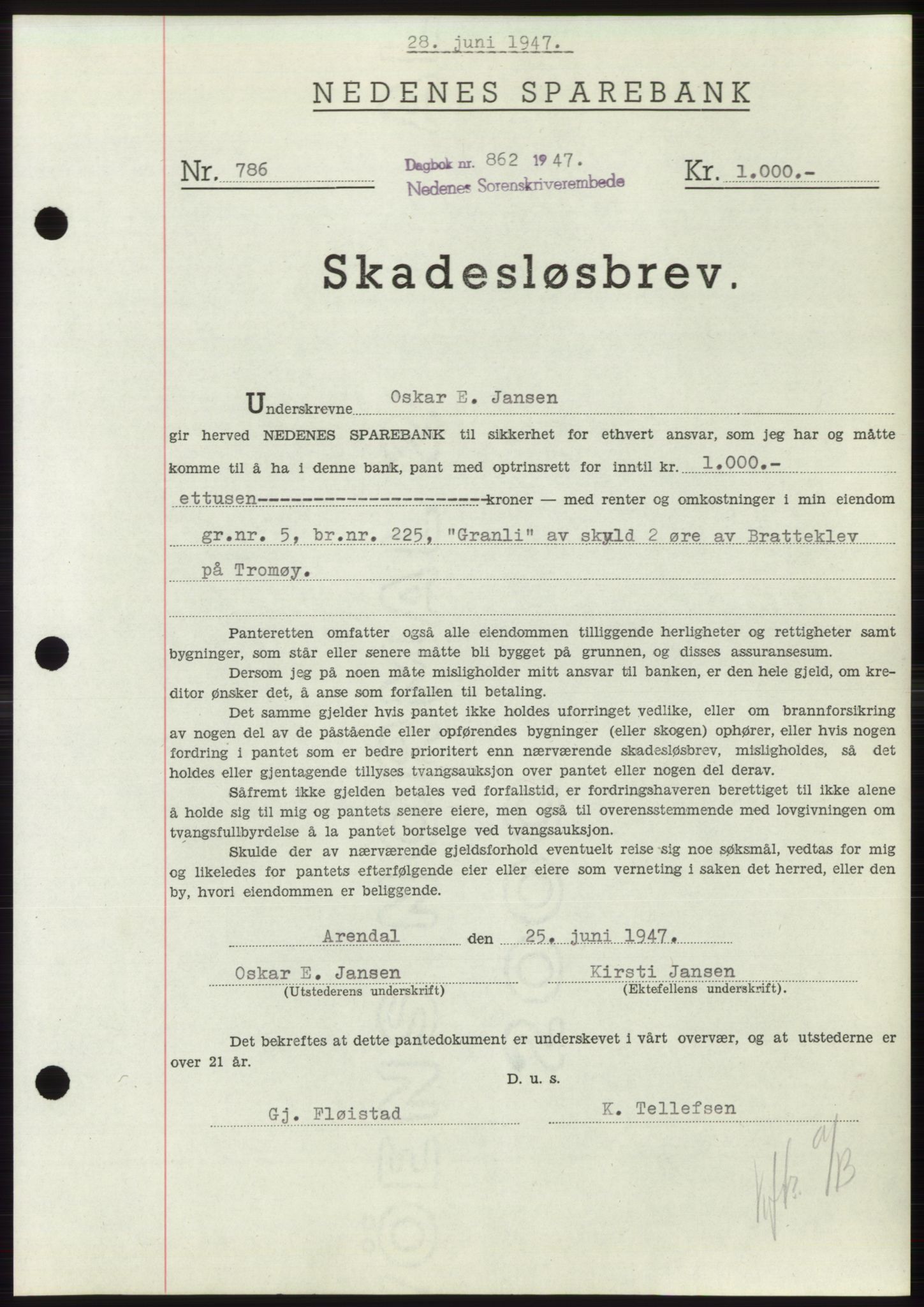 Nedenes sorenskriveri, SAK/1221-0006/G/Gb/Gbb/L0004: Pantebok nr. B4, 1947-1947, Dagboknr: 862/1947