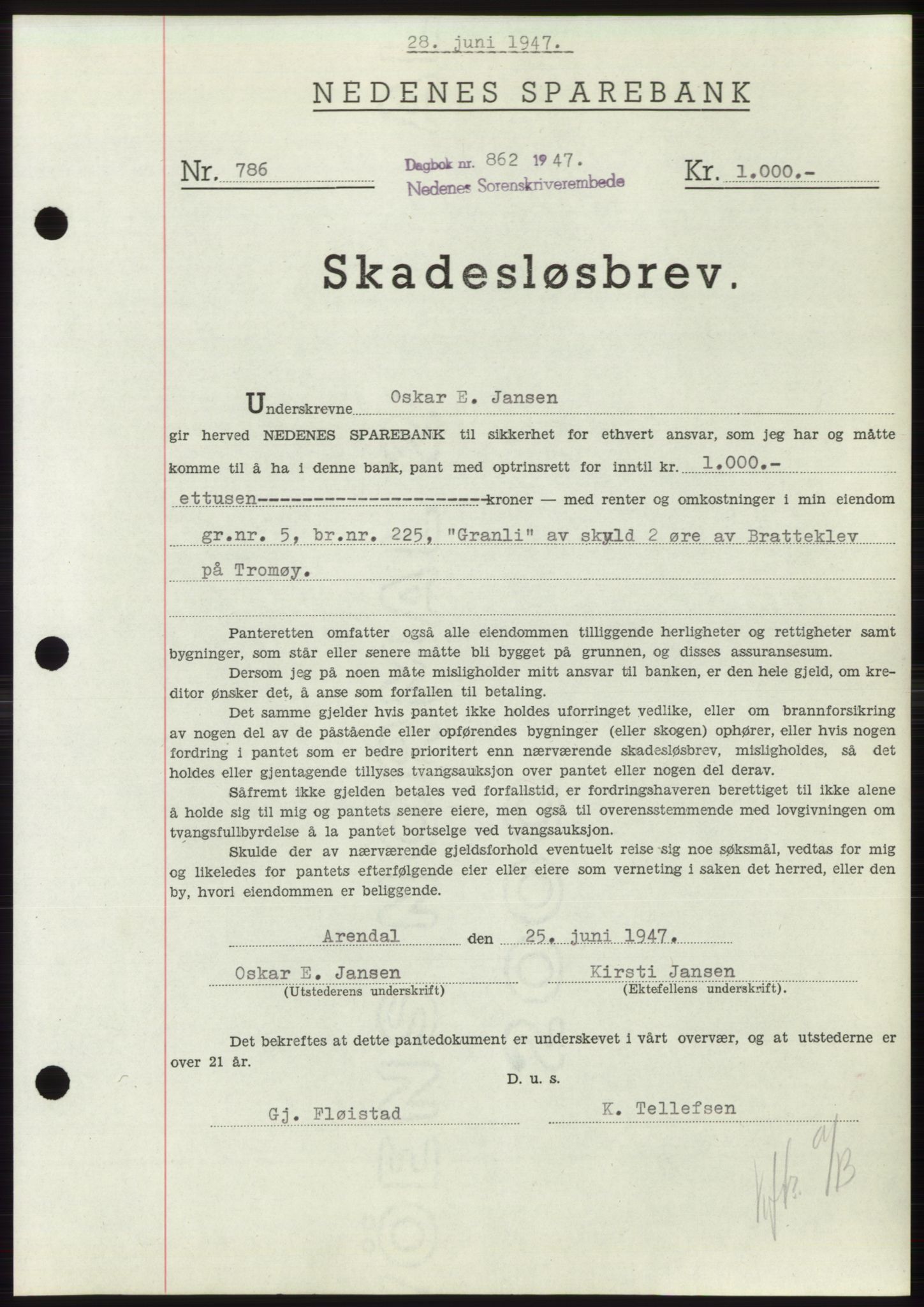 Nedenes sorenskriveri, AV/SAK-1221-0006/G/Gb/Gbb/L0004: Pantebok nr. B4, 1947-1947, Dagboknr: 862/1947