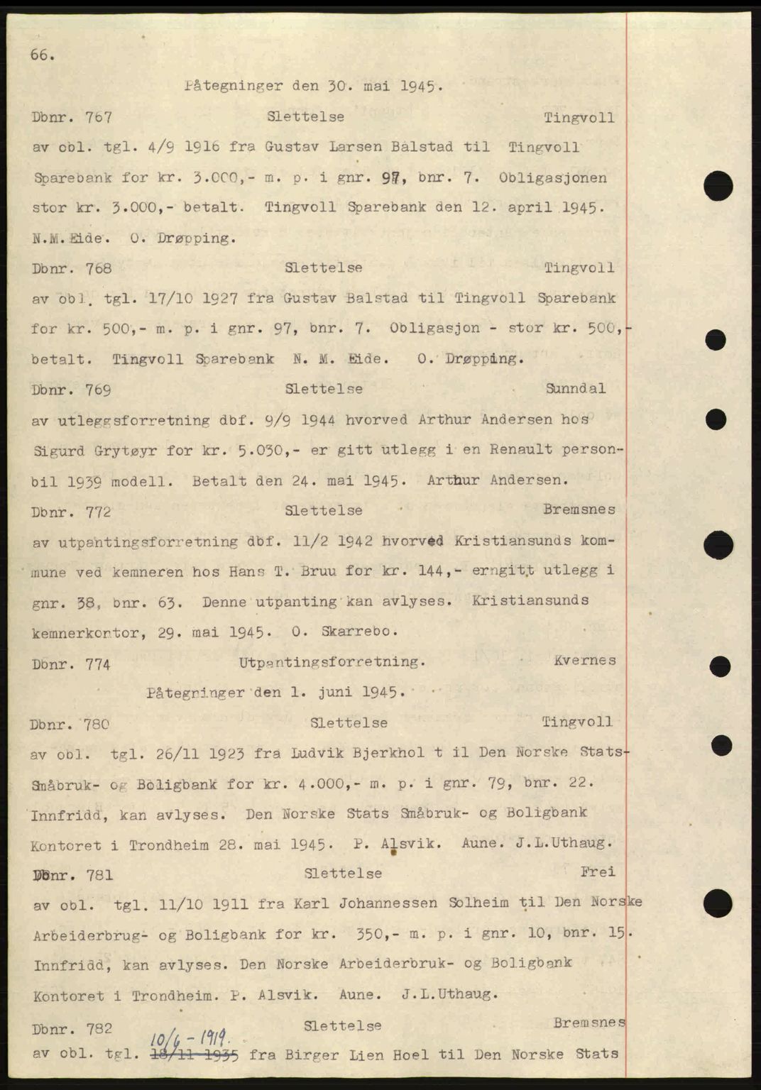 Nordmøre sorenskriveri, AV/SAT-A-4132/1/2/2Ca: Pantebok nr. C82a, 1945-1946, Dagboknr: 767/1945