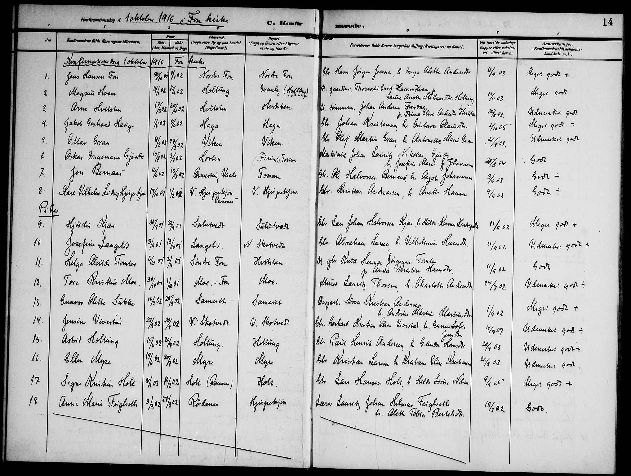 Ramnes kirkebøker, AV/SAKO-A-314/F/Fd/L0004: Residerende kapellans bok nr. IV 4, 1907-1919, s. 14