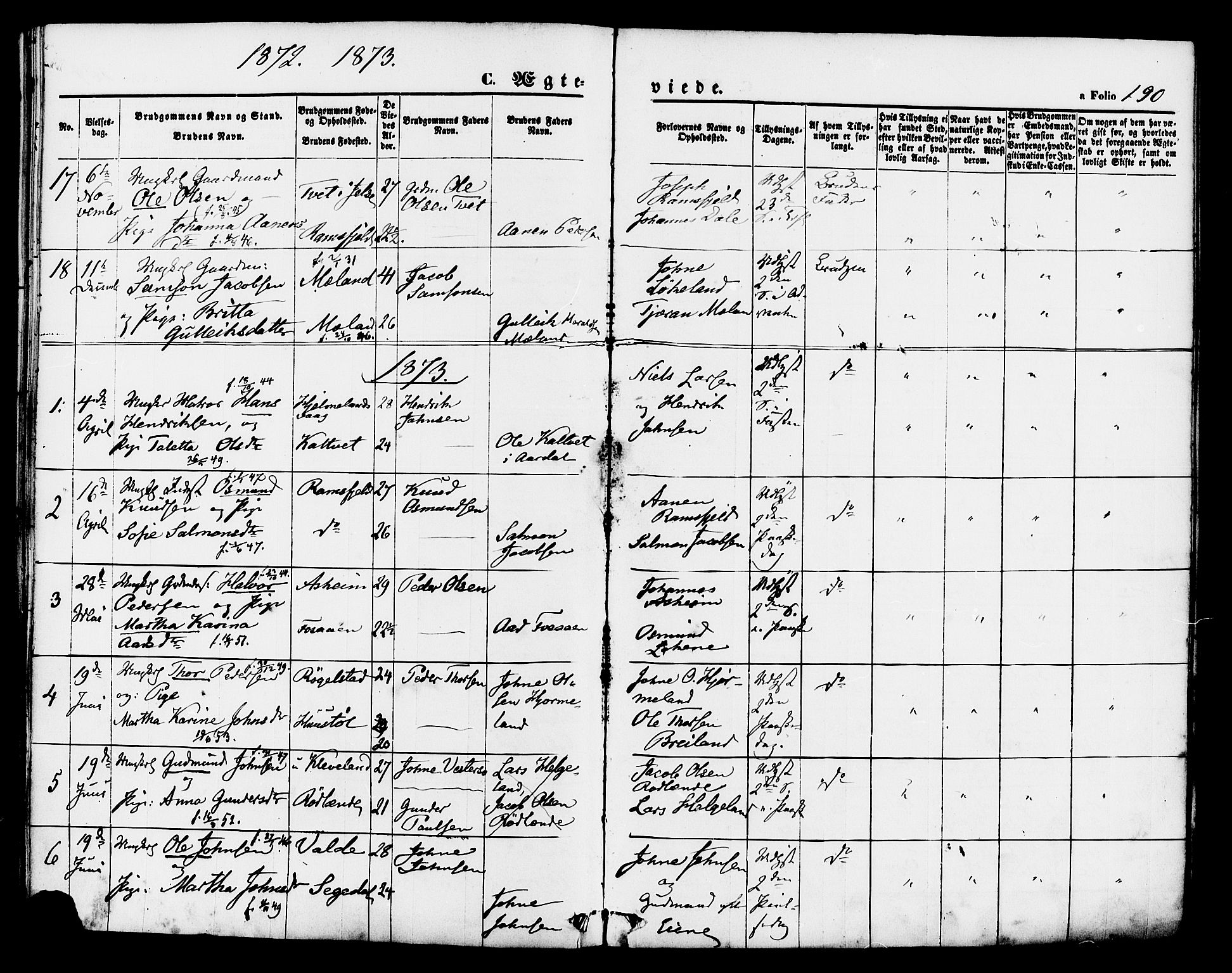 Hjelmeland sokneprestkontor, AV/SAST-A-101843/01/IV/L0011: Ministerialbok nr. A 11, 1861-1878, s. 190