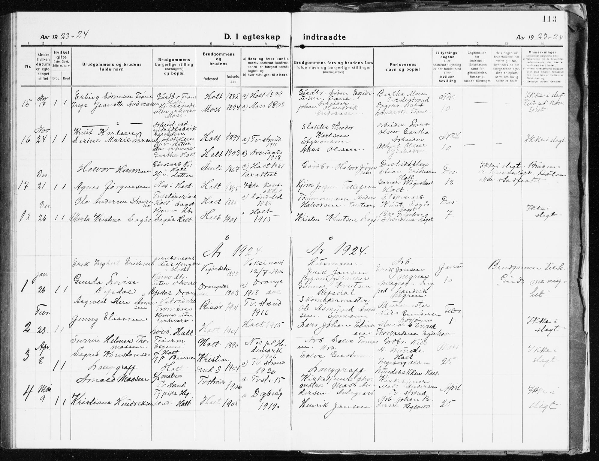 Holt sokneprestkontor, AV/SAK-1111-0021/F/Fb/L0012: Klokkerbok nr. B 12, 1919-1944, s. 113