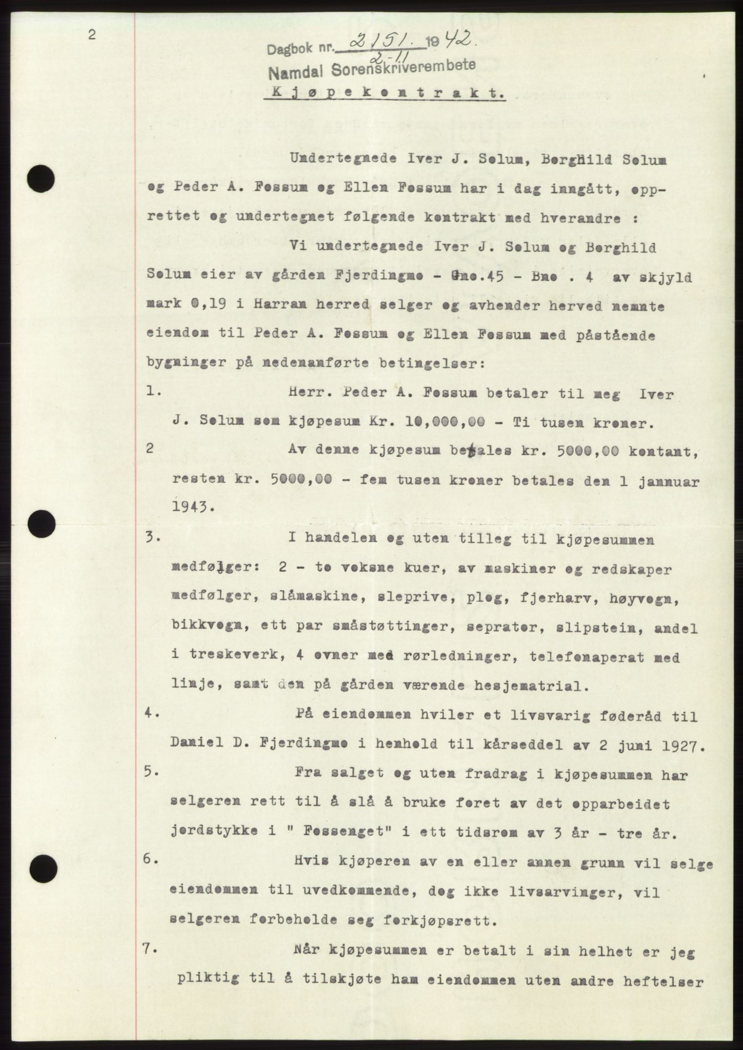 Namdal sorenskriveri, SAT/A-4133/1/2/2C: Pantebok nr. -, 1942-1943, Dagboknr: 2151/1942