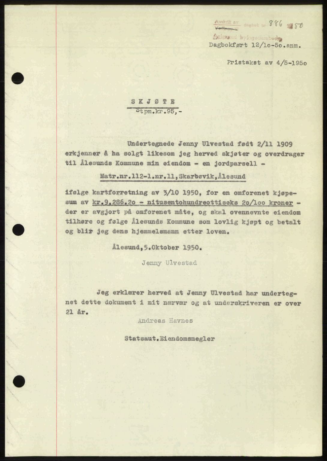 Ålesund byfogd, AV/SAT-A-4384: Pantebok nr. 37A (2), 1949-1950, Dagboknr: 886/1950