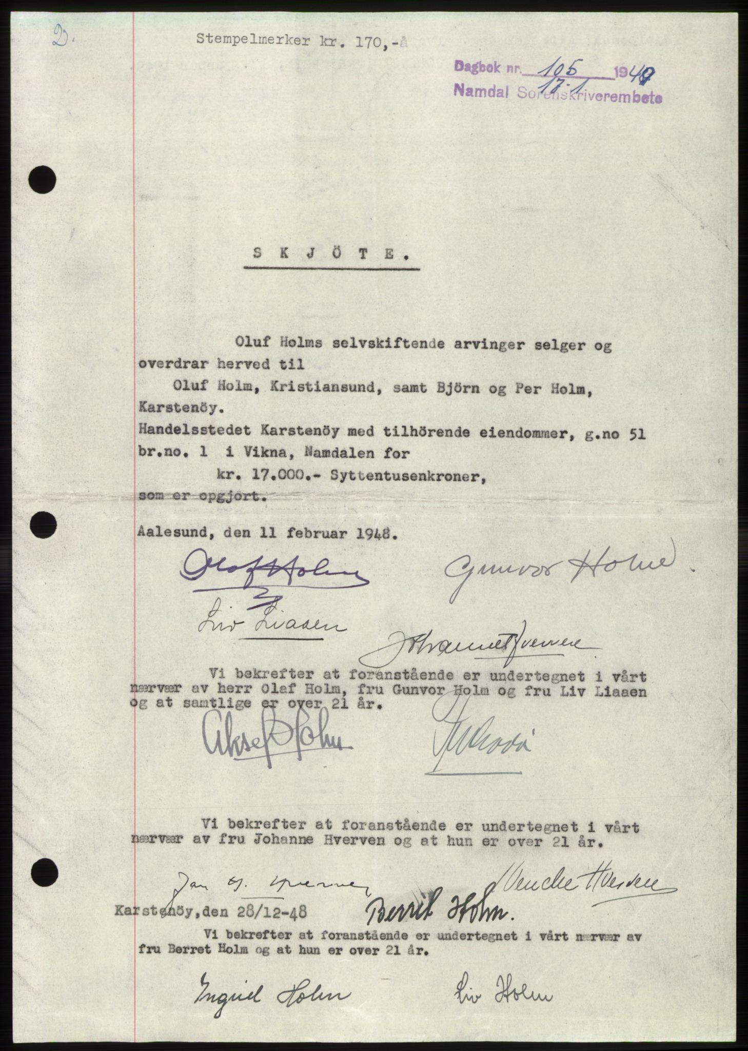 Namdal sorenskriveri, SAT/A-4133/1/2/2C: Pantebok nr. -, 1949-1949, Dagboknr: 105/1949