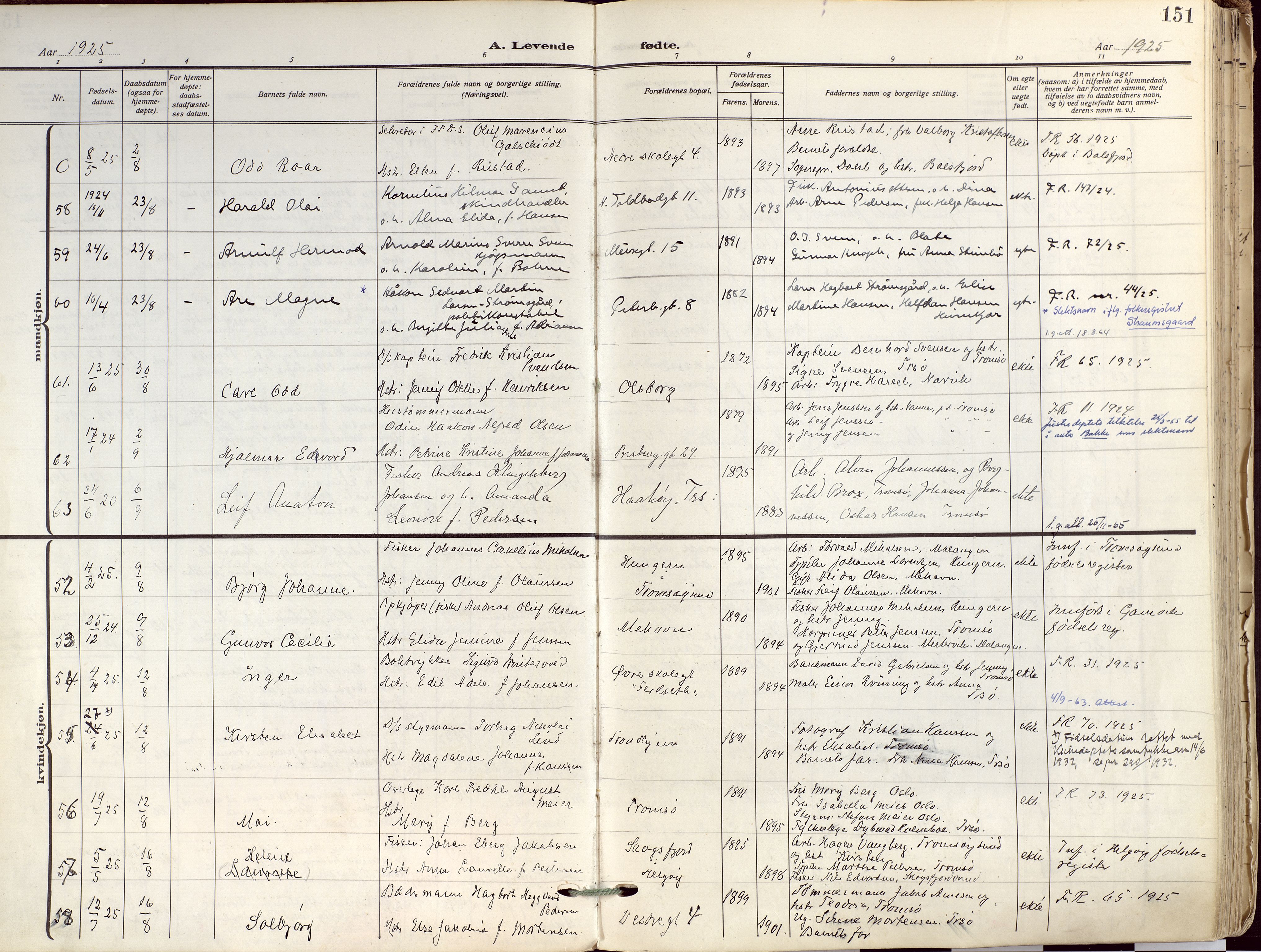 Tromsø sokneprestkontor/stiftsprosti/domprosti, SATØ/S-1343/G/Ga/L0019kirke: Ministerialbok nr. 19, 1917-1927, s. 151