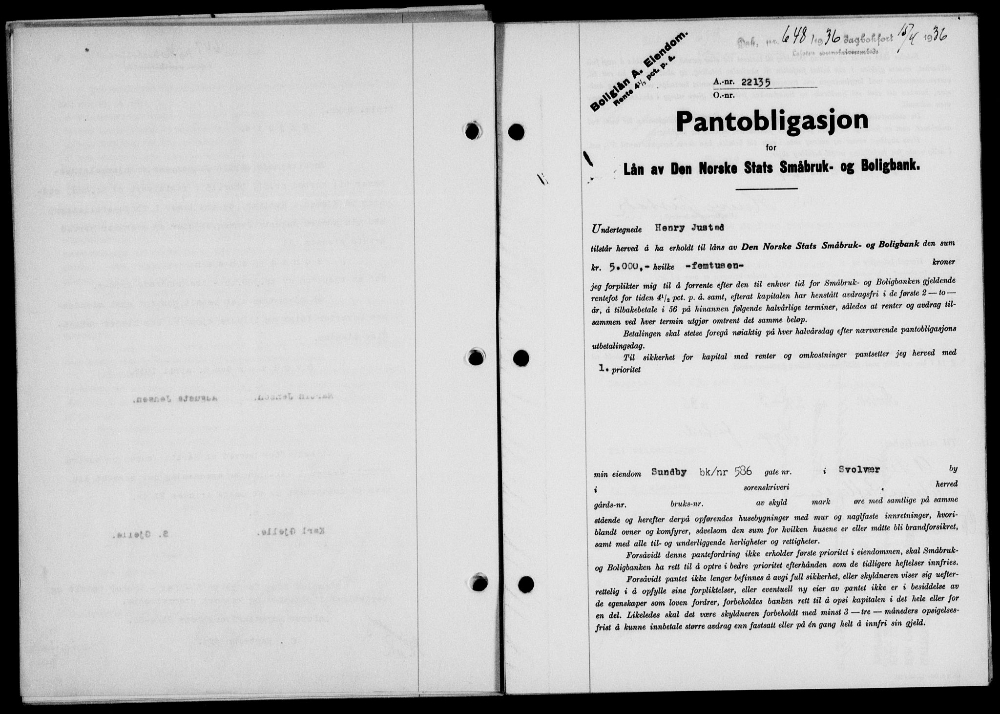 Lofoten sorenskriveri, SAT/A-0017/1/2/2C/L0033b: Pantebok nr. 33b, 1936-1936, Dagboknr: 648/1936