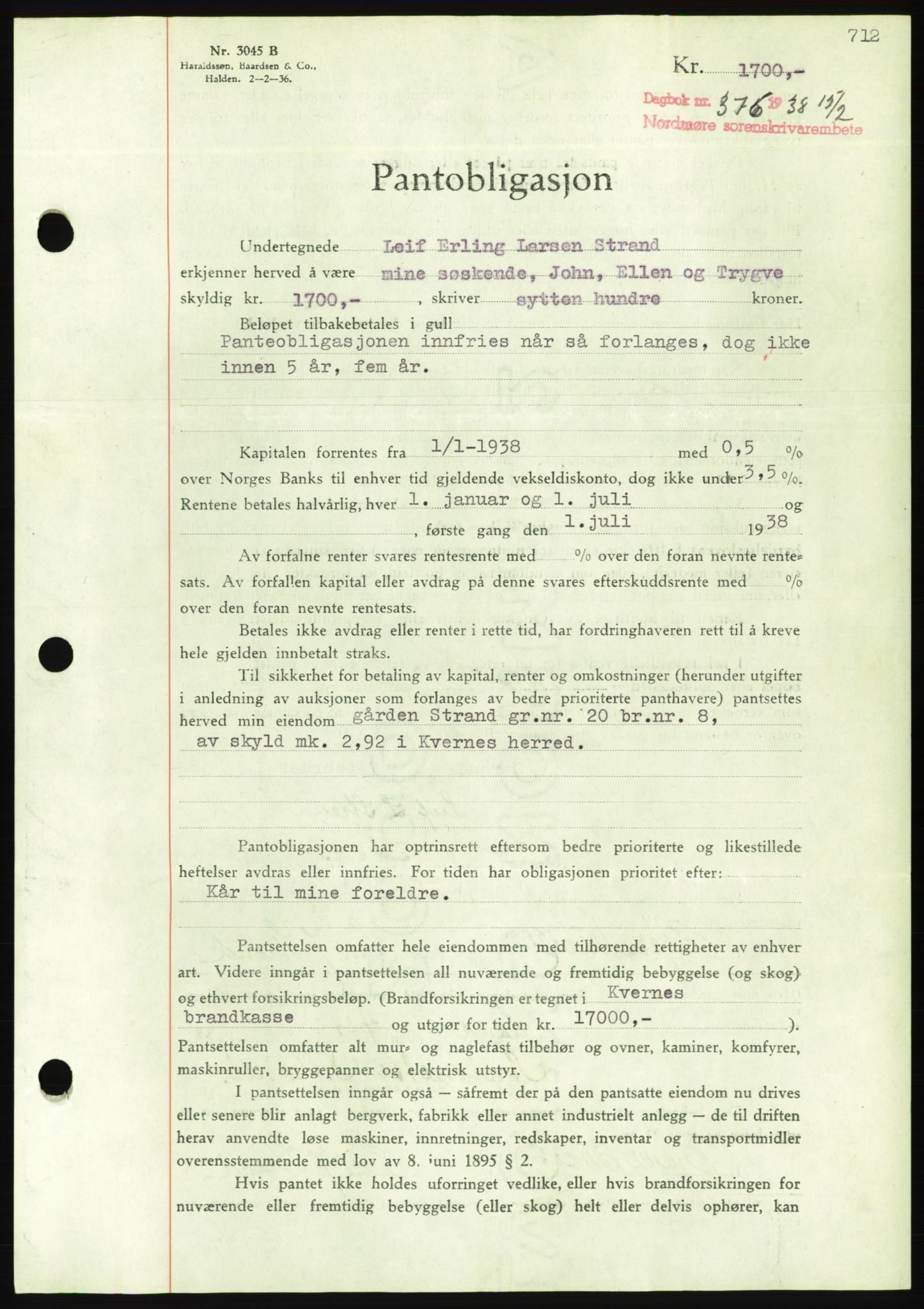 Nordmøre sorenskriveri, AV/SAT-A-4132/1/2/2Ca/L0092: Pantebok nr. B82, 1937-1938, Dagboknr: 376/1938