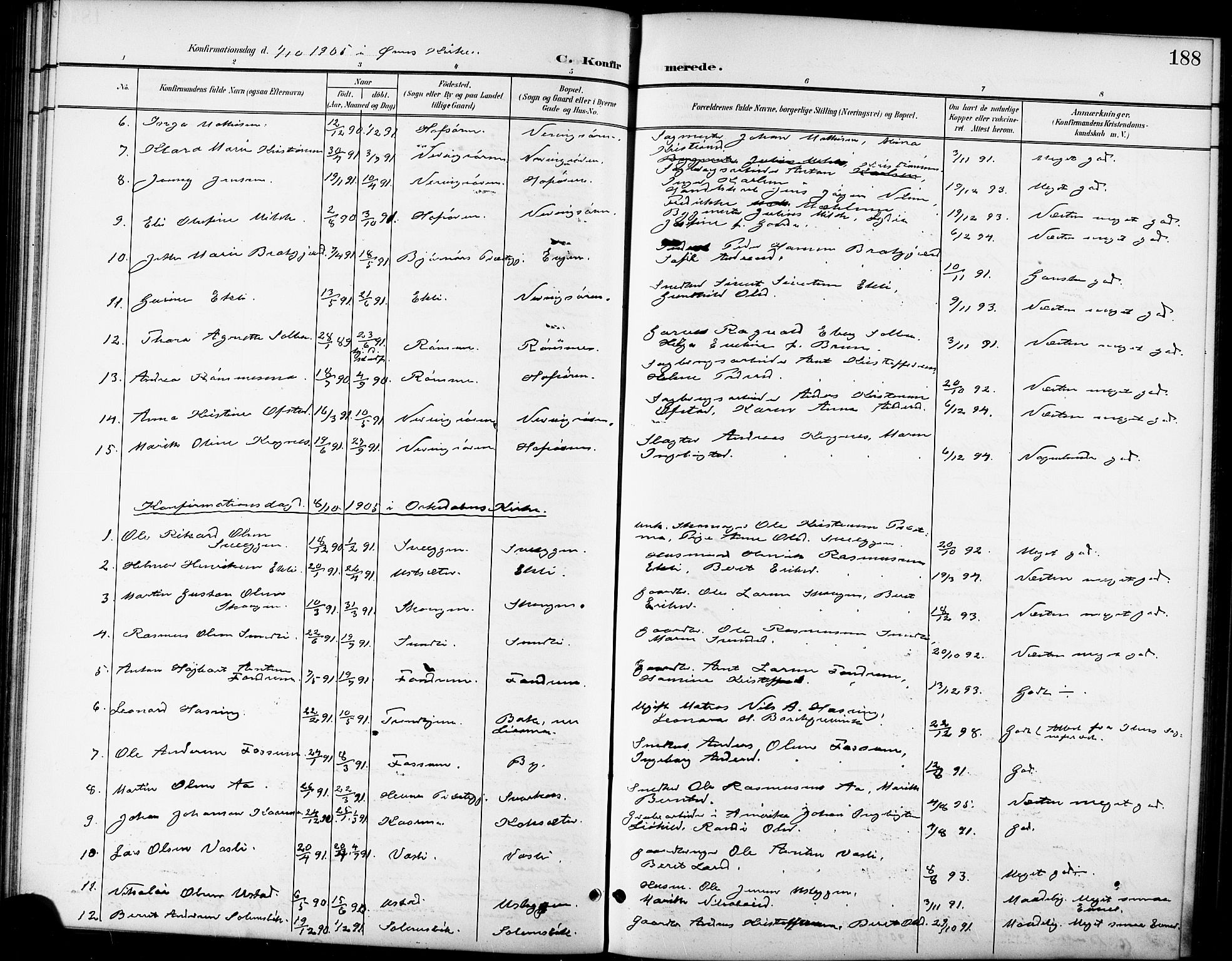 Ministerialprotokoller, klokkerbøker og fødselsregistre - Sør-Trøndelag, SAT/A-1456/668/L0819: Klokkerbok nr. 668C08, 1899-1912, s. 188