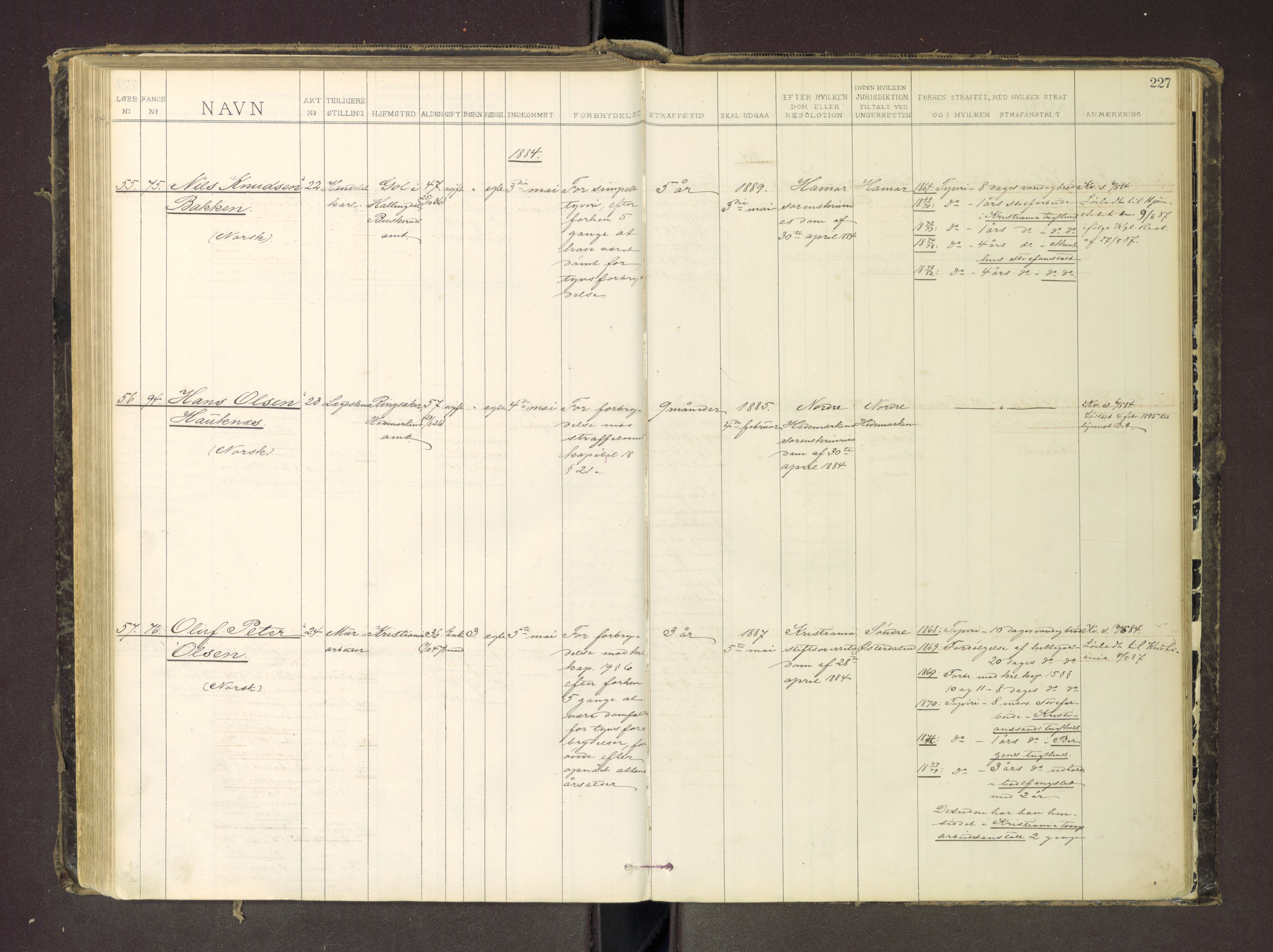 Trondheim tukthus, SAT/A-4619/05/65/L0035: 65.35 Fangeprotokoll m/reg, 1878-1885, s. 227