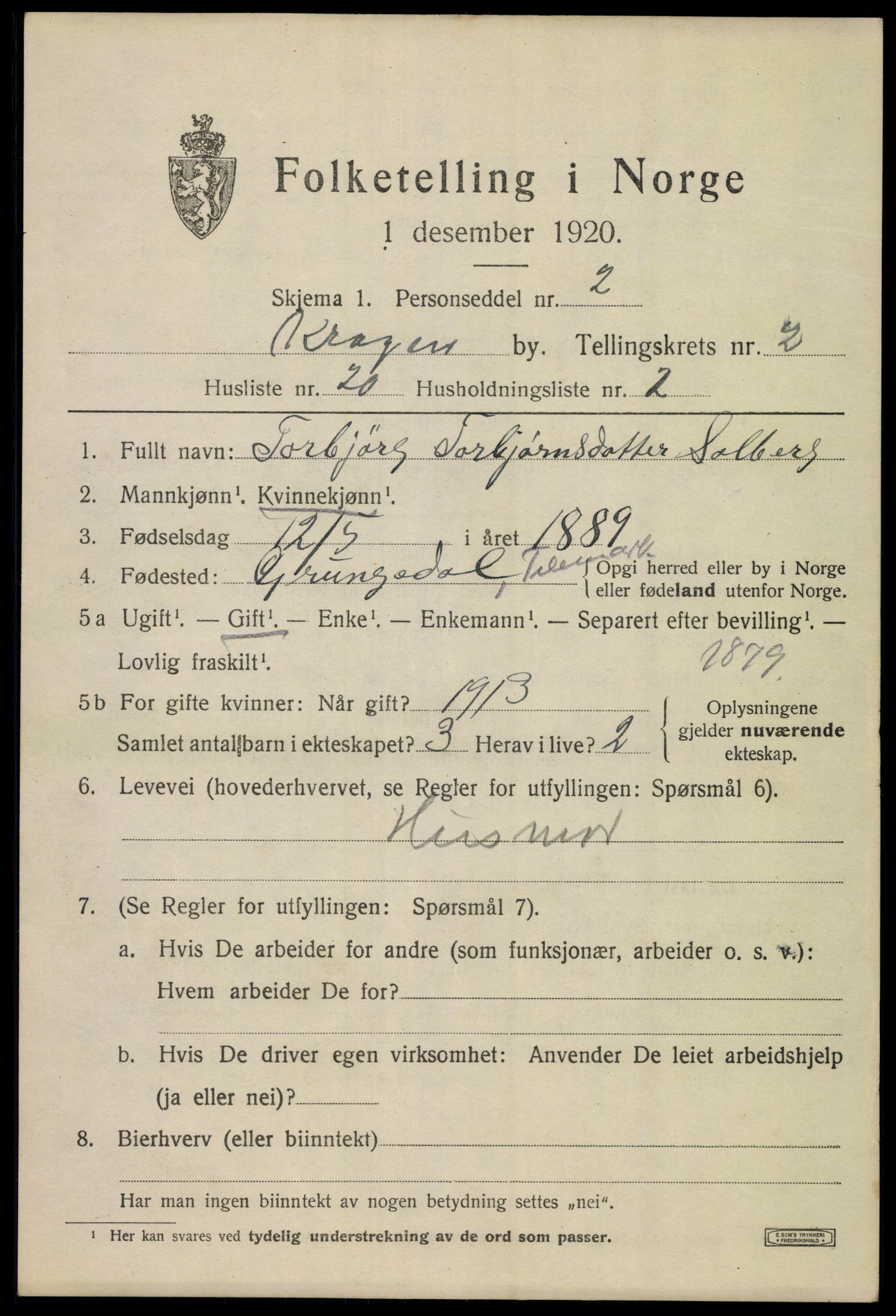 SAKO, Folketelling 1920 for 0801 Kragerø kjøpstad, 1920, s. 5601