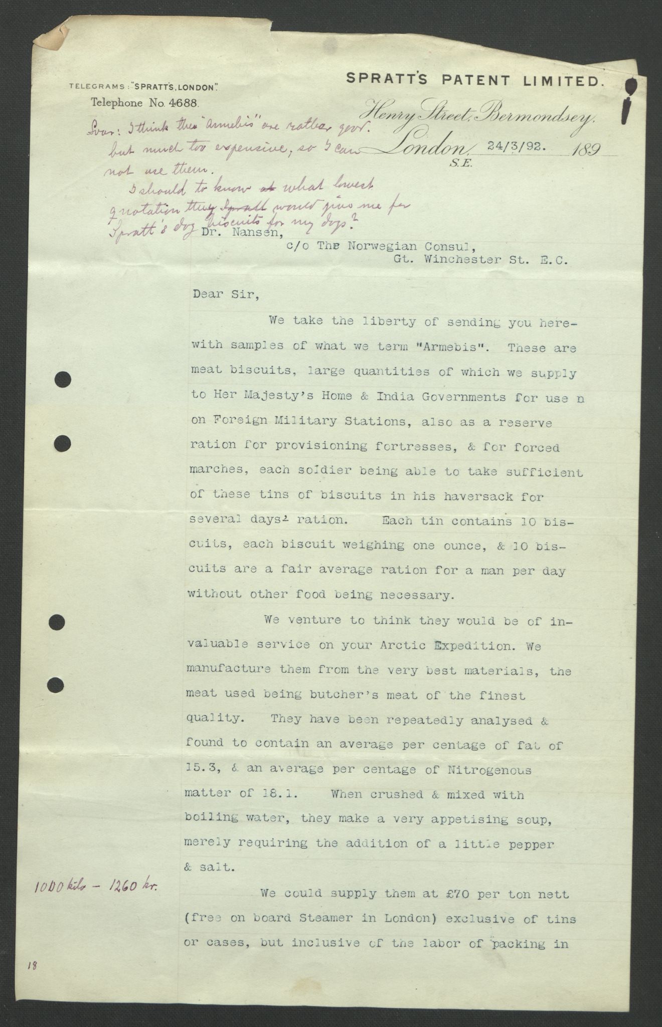 Arbeidskomitéen for Fridtjof Nansens polarekspedisjon, AV/RA-PA-0061/D/L0004: Innk. brev og telegrammer vedr. proviant og utrustning, 1892-1893, s. 477