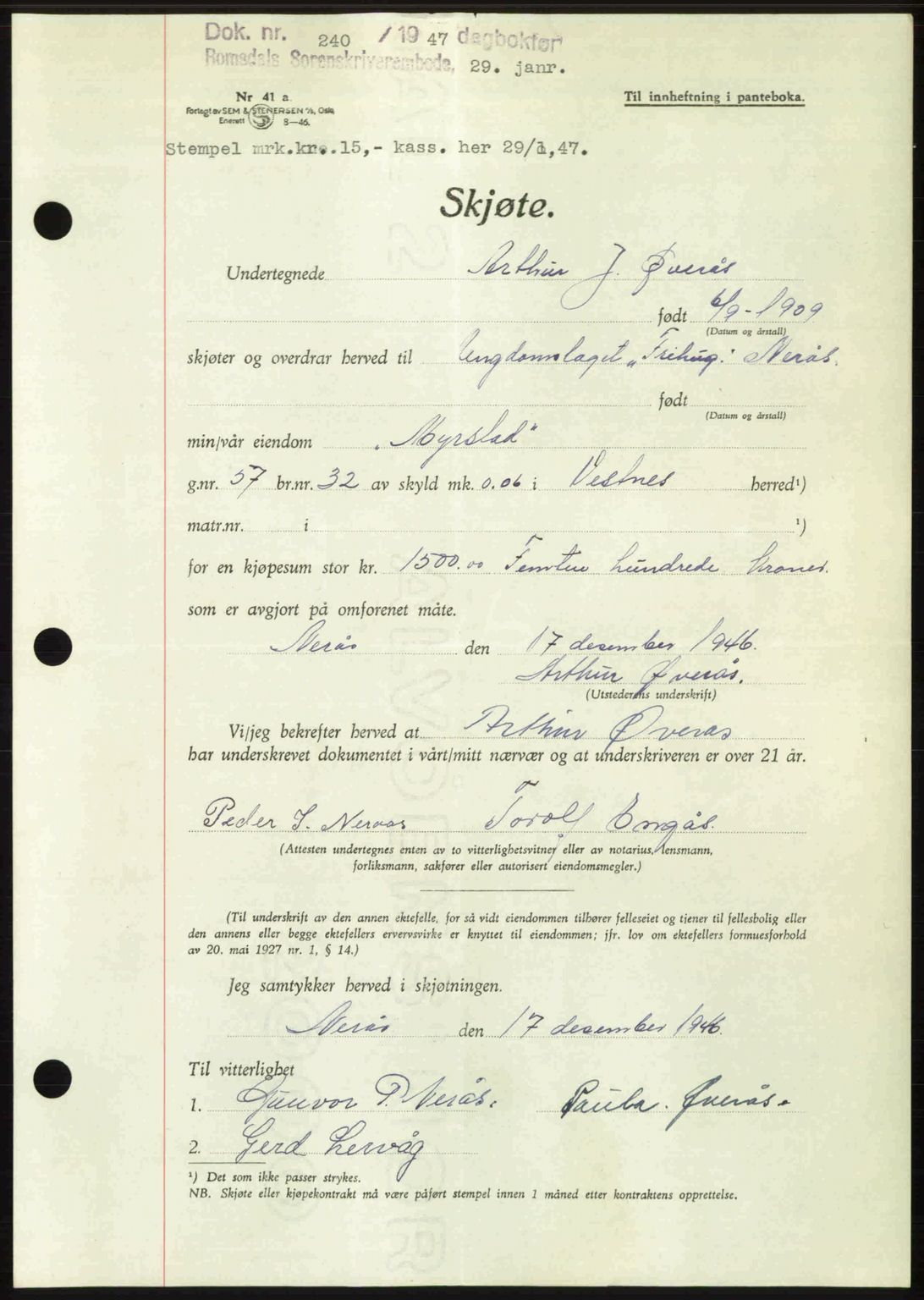 Romsdal sorenskriveri, SAT/A-4149/1/2/2C: Pantebok nr. A22, 1947-1947, Dagboknr: 240/1947