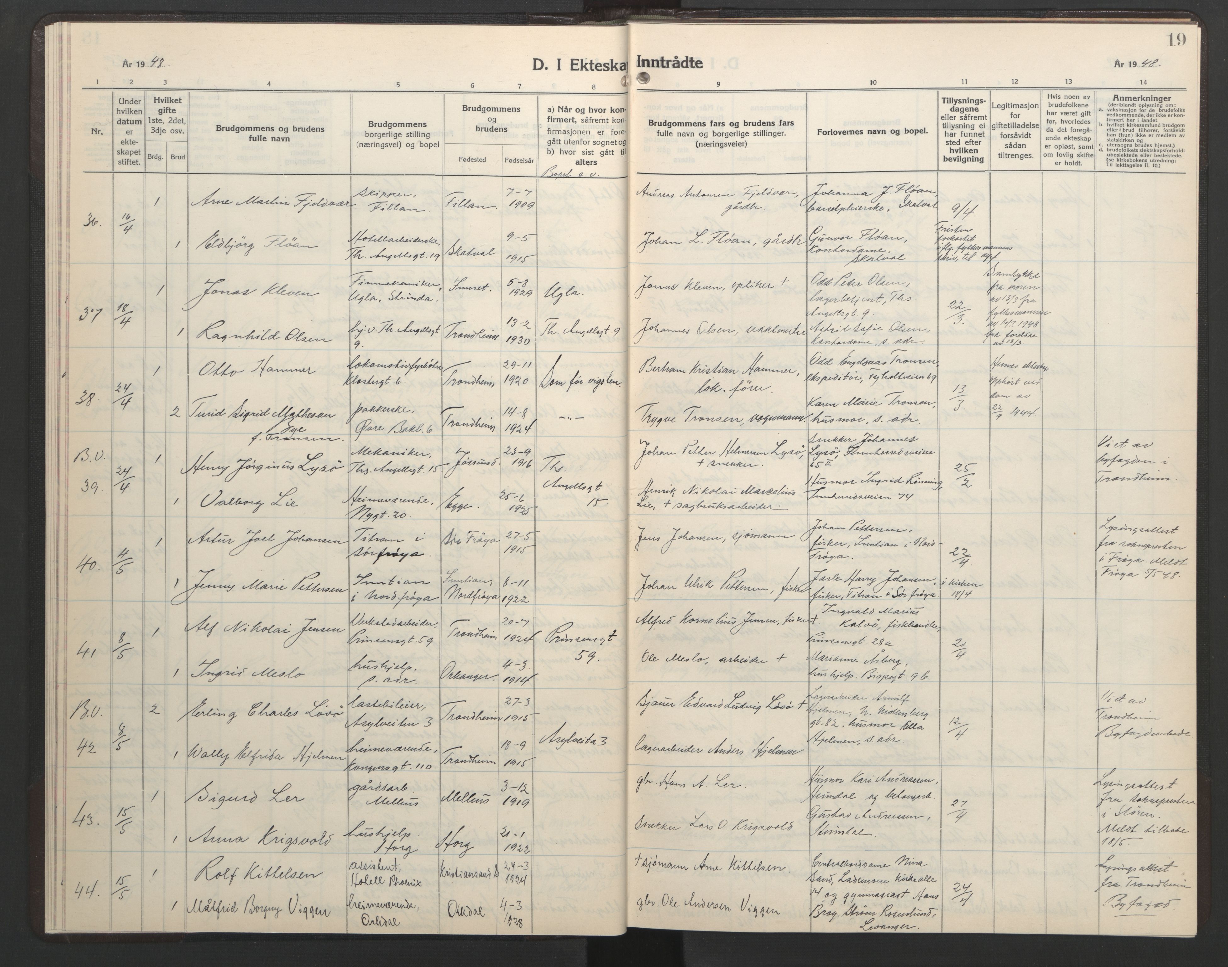 Ministerialprotokoller, klokkerbøker og fødselsregistre - Sør-Trøndelag, AV/SAT-A-1456/602/L0155: Klokkerbok nr. 602C23, 1947-1950, s. 19