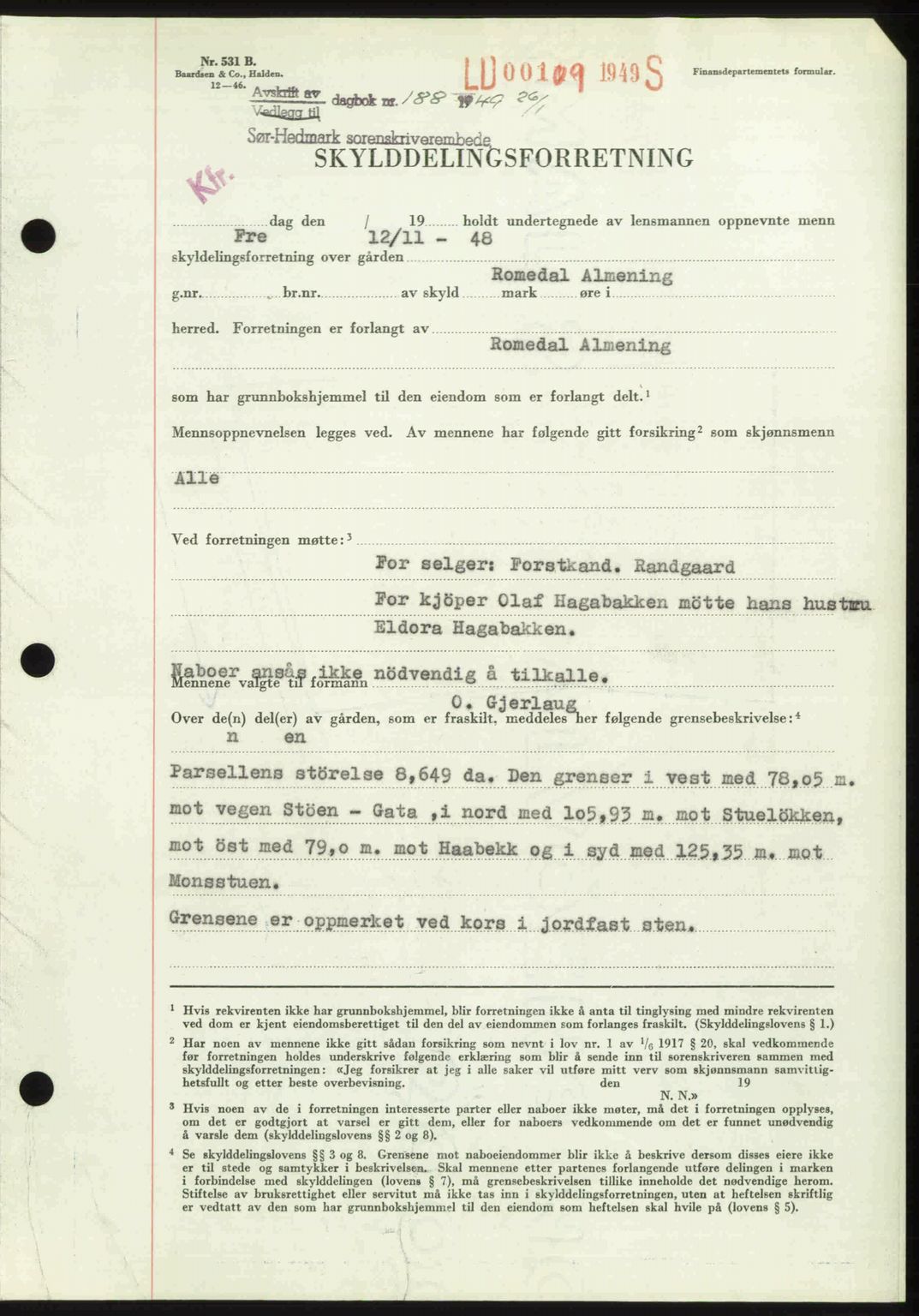 Sør-Hedmark sorenskriveri, SAH/TING-014/H/Hb/Hbd/L0018: Pantebok nr. 18, 1948-1949, Dagboknr: 188/1949