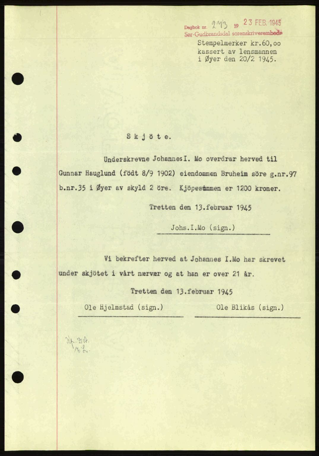 Sør-Gudbrandsdal tingrett, SAH/TING-004/H/Hb/Hbd/L0014: Pantebok nr. A14, 1944-1945, Dagboknr: 273/1945