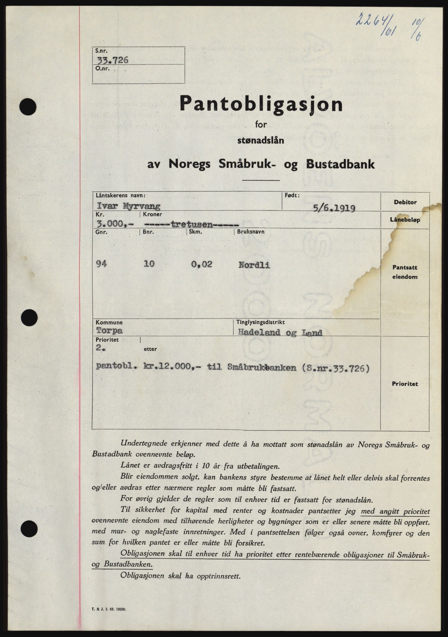 Hadeland og Land tingrett, SAH/TING-010/H/Hb/Hbc/L0046: Pantebok nr. B46, 1961-1961, Dagboknr: 2264/1961