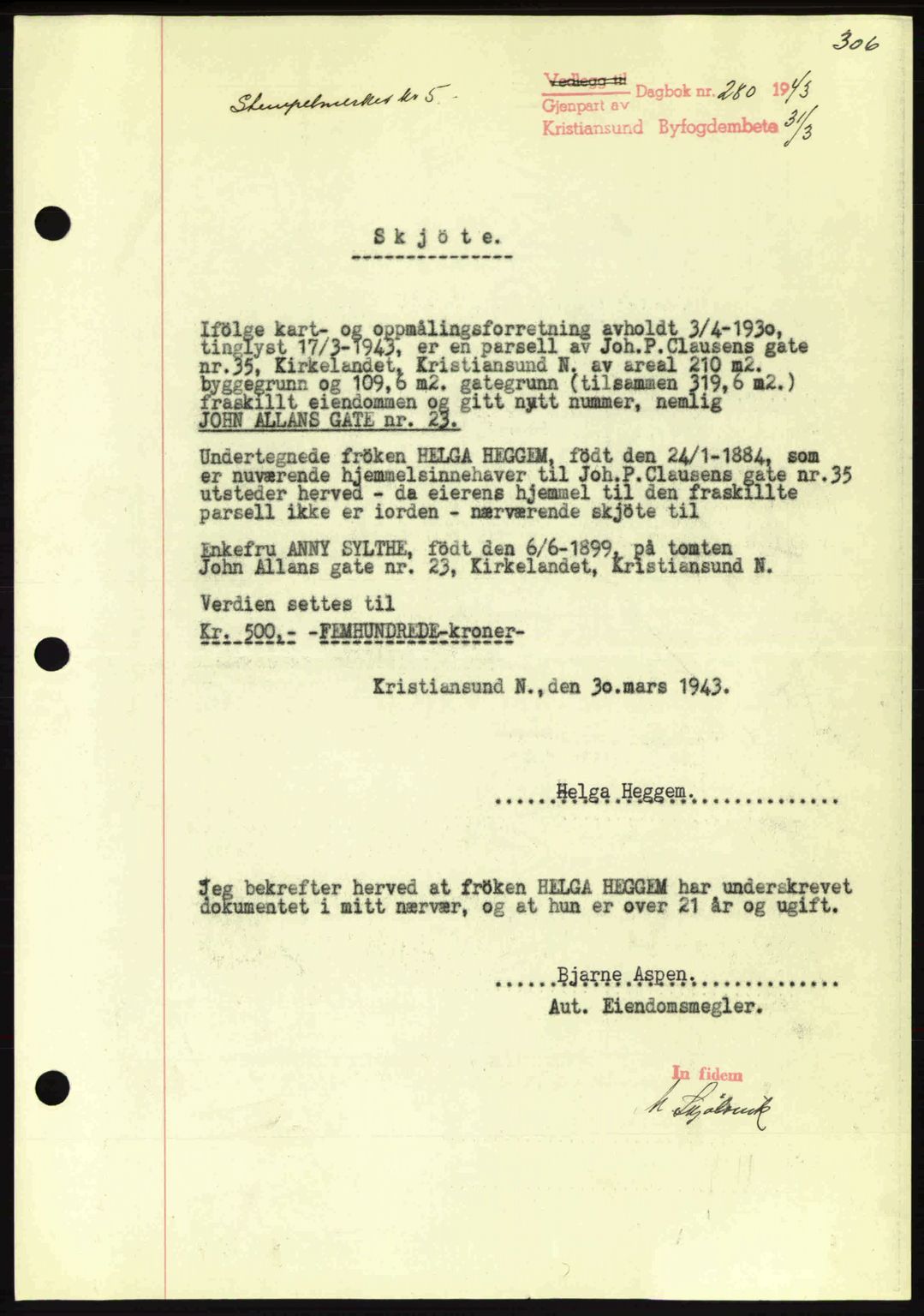 Kristiansund byfogd, AV/SAT-A-4587/A/27: Pantebok nr. 34, 1941-1945, Dagboknr: 280/1943
