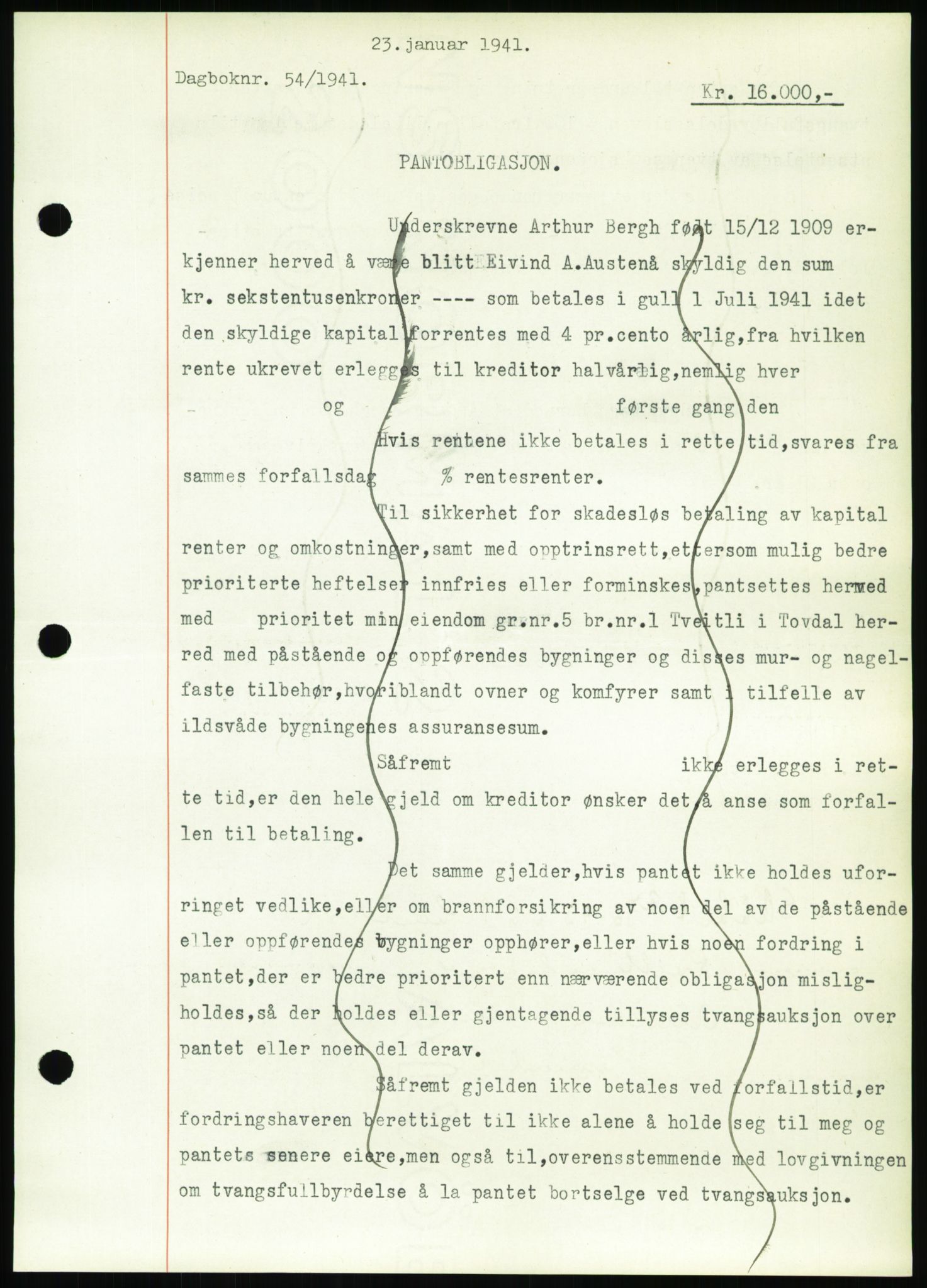 Nedenes sorenskriveri, SAK/1221-0006/G/Gb/Gbb/L0001: Pantebok nr. I, 1939-1942, Dagboknr: 54/1941