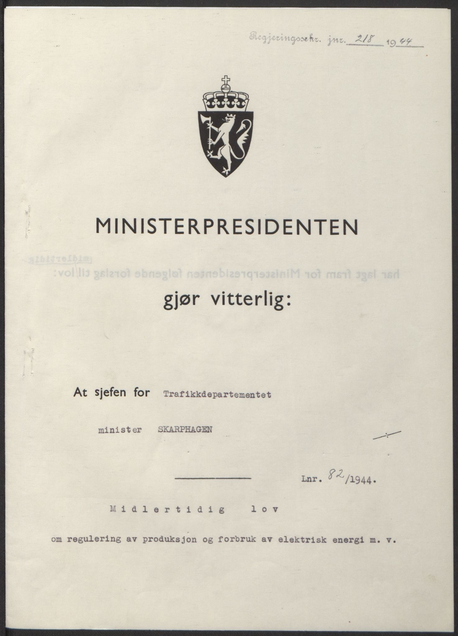 NS-administrasjonen 1940-1945 (Statsrådsekretariatet, de kommisariske statsråder mm), AV/RA-S-4279/D/Db/L0100: Lover, 1944, s. 384