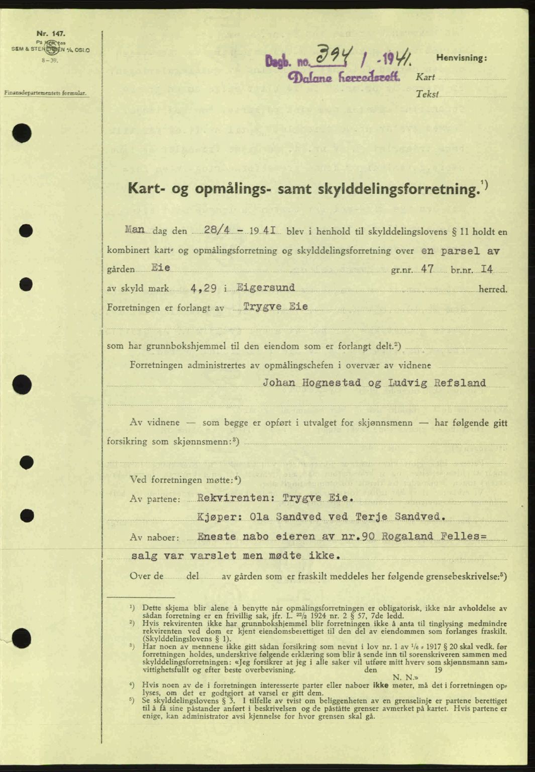 Dalane sorenskriveri, SAST/A-100309/02/G/Gb/L0044: Pantebok nr. A5, 1940-1941, Dagboknr: 394/1941