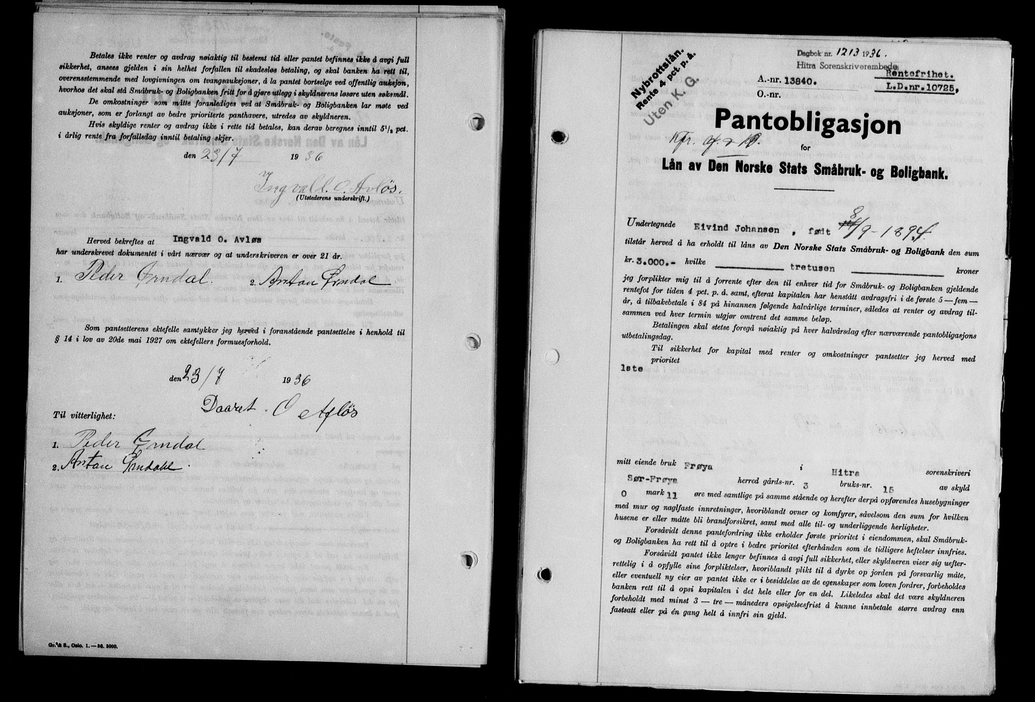 Hitra sorenskriveri, AV/SAT-A-0018/2/2C/2Ca/L0028: Pantebok nr. B-1, 1936-1939, Dagboknr: 1213/1936