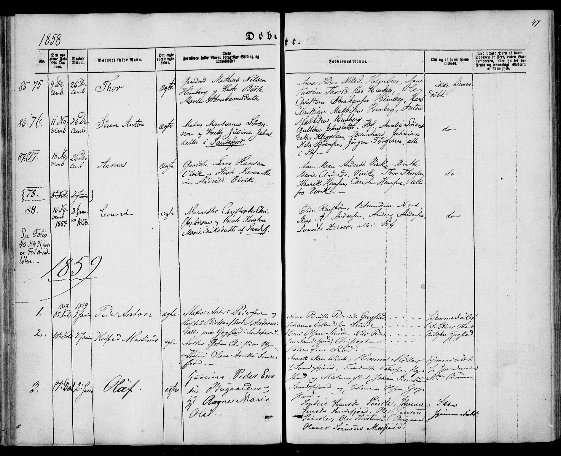 Sandar kirkebøker, AV/SAKO-A-243/F/Fa/L0007: Ministerialbok nr. 7, 1855-1861, s. 47