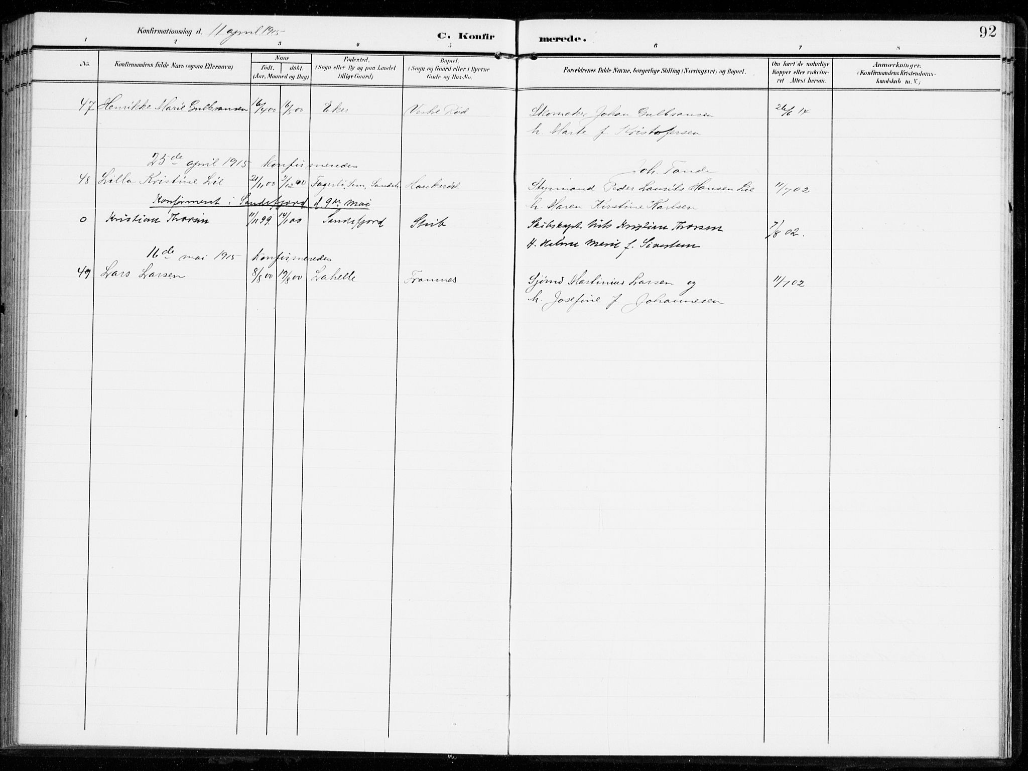 Sandar kirkebøker, AV/SAKO-A-243/F/Fa/L0017: Ministerialbok nr. 17, 1907-1917, s. 92