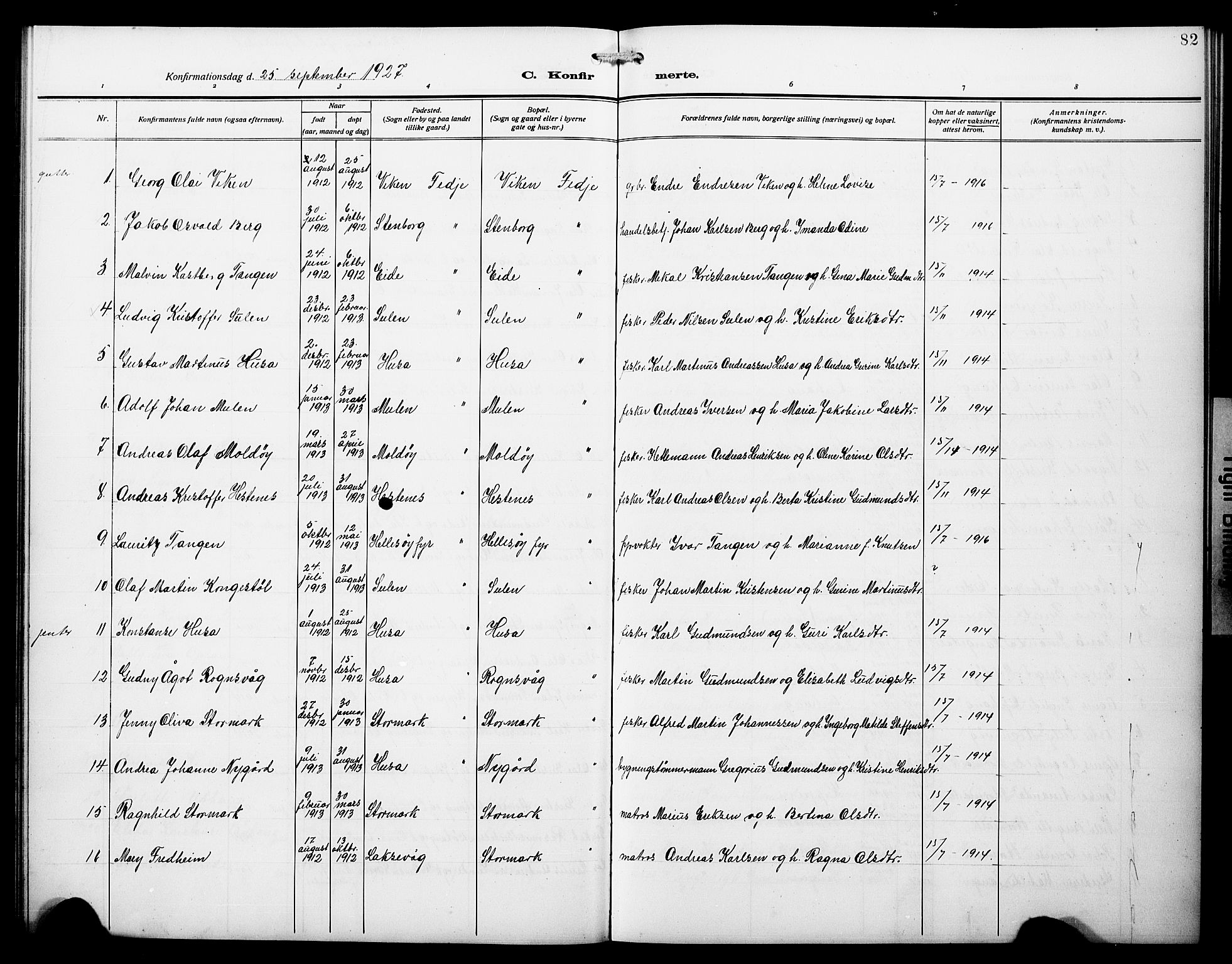 Lindås Sokneprestembete, AV/SAB-A-76701/H/Hab/Habd/L0004: Klokkerbok nr. D 4, 1913-1928, s. 82