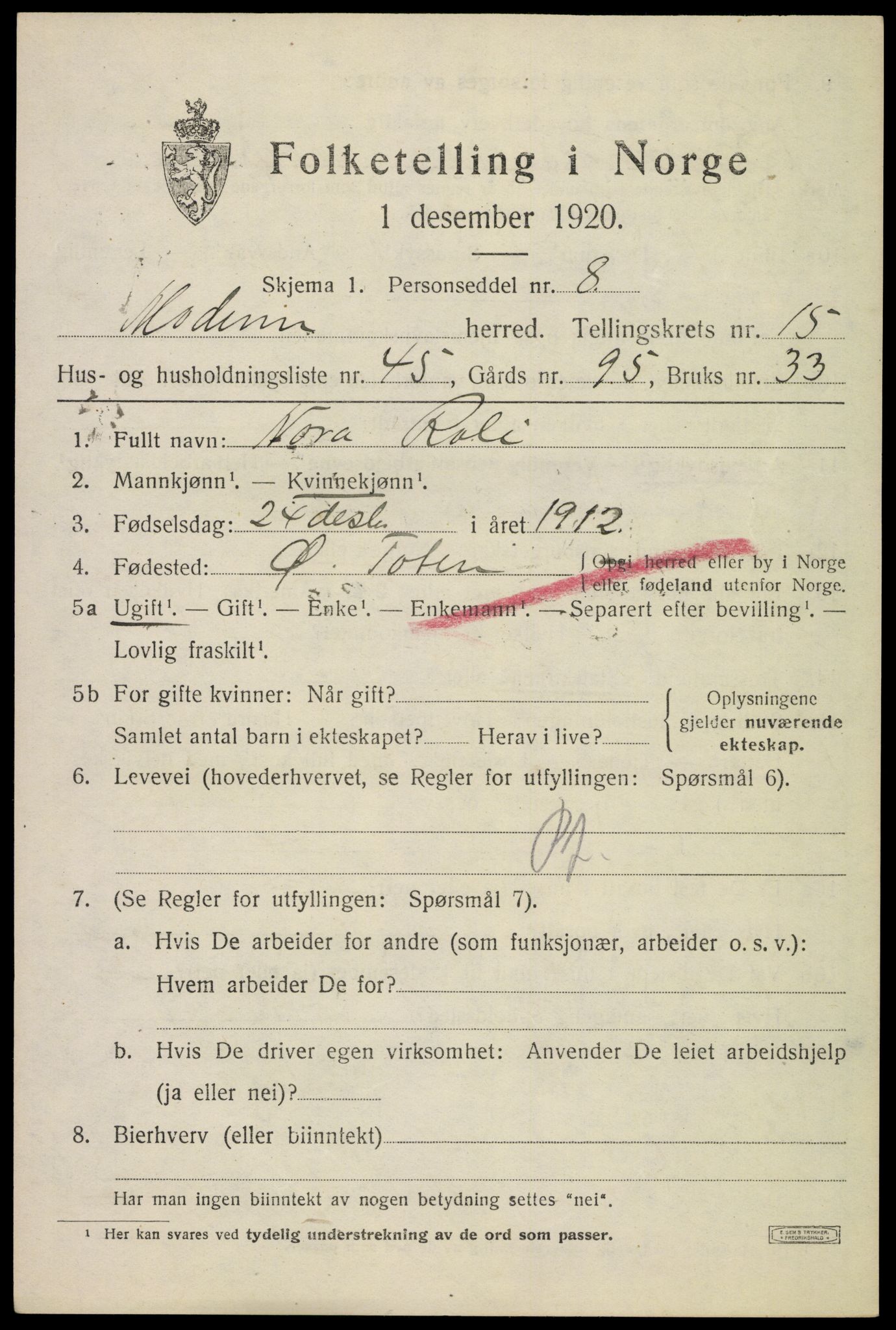 SAKO, Folketelling 1920 for 0623 Modum herred, 1920, s. 18453
