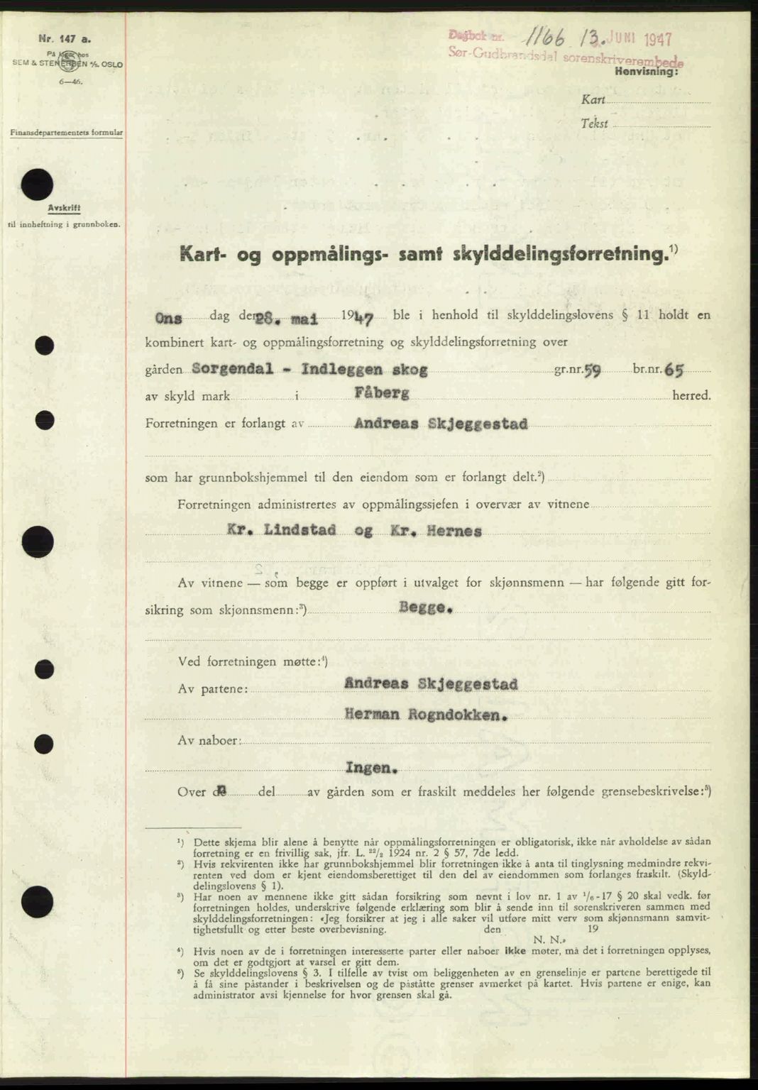 Sør-Gudbrandsdal tingrett, SAH/TING-004/H/Hb/Hbd/L0018: Pantebok nr. A18, 1947-1947, Dagboknr: 1166/1947